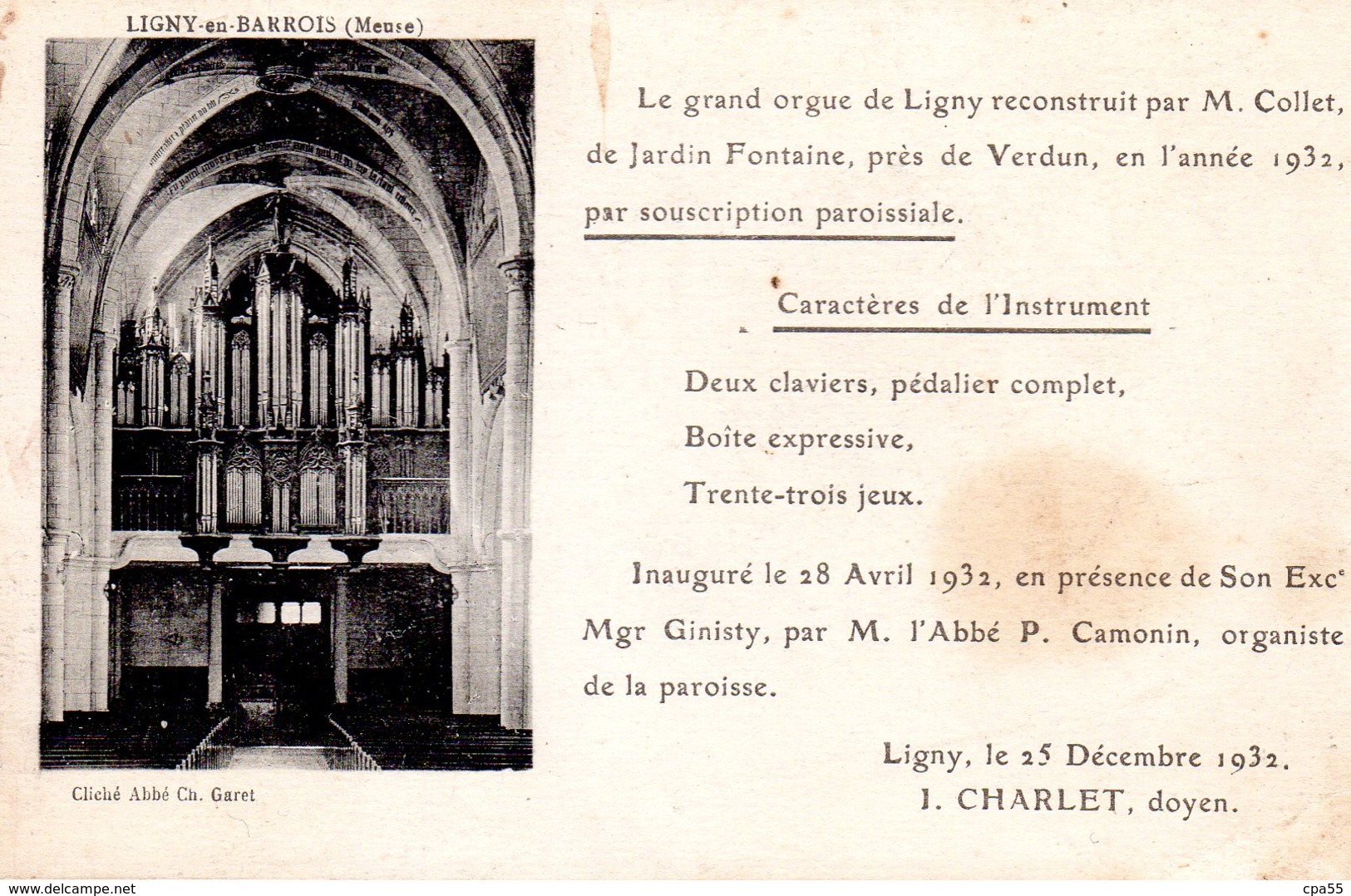 LIGNY EN BARROIS  -  Le Grand Orgue De Ligny Reconstruit Par M. Collet, De Jardin Fontaine... - Ligny En Barrois