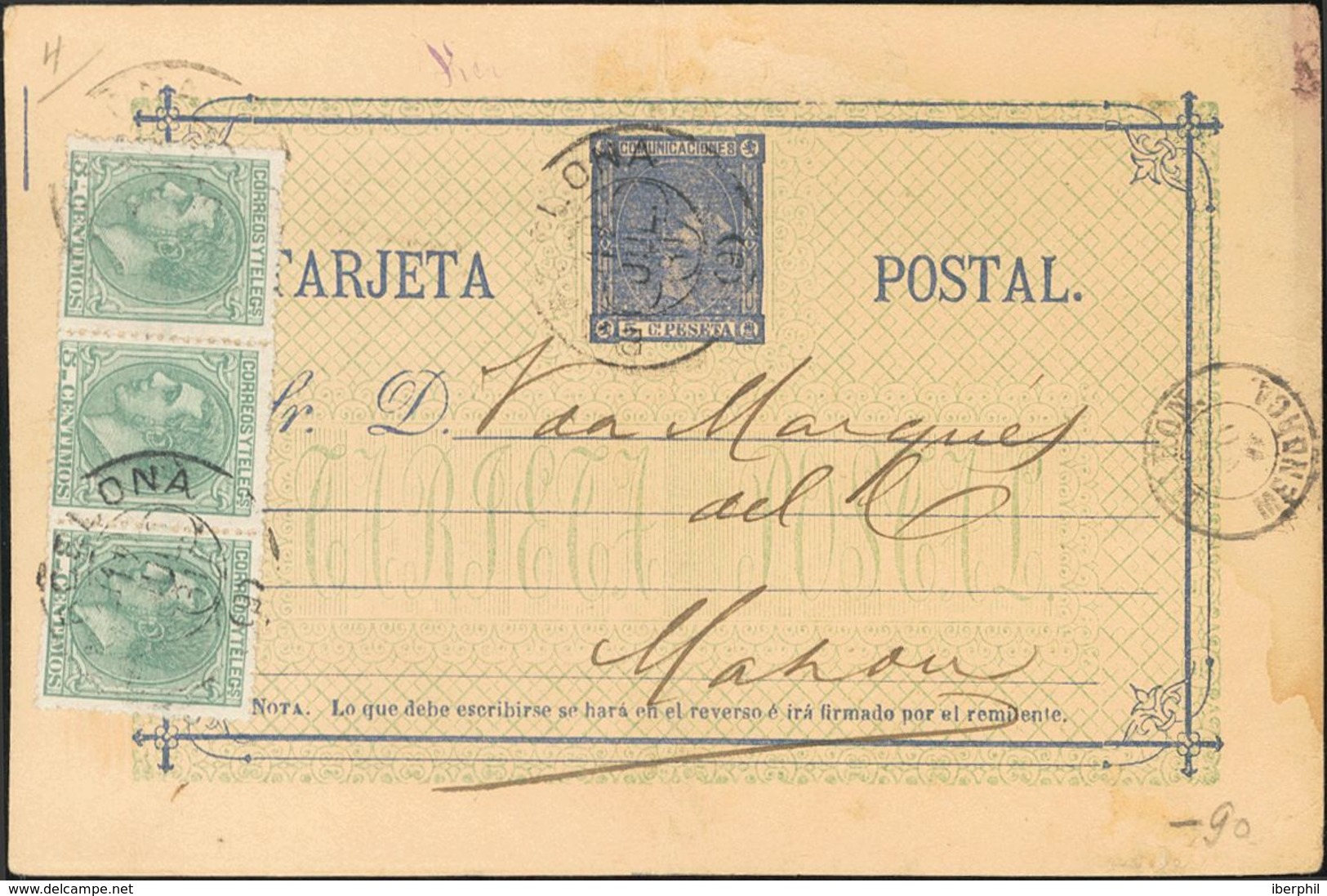 1881. 5 Cts Ultramar Sobre Tarjeta Entero Postal De BARCELONA A MAHON, Con Franqueo Complementario De 5 Cts Verde, Tira  - Other & Unclassified