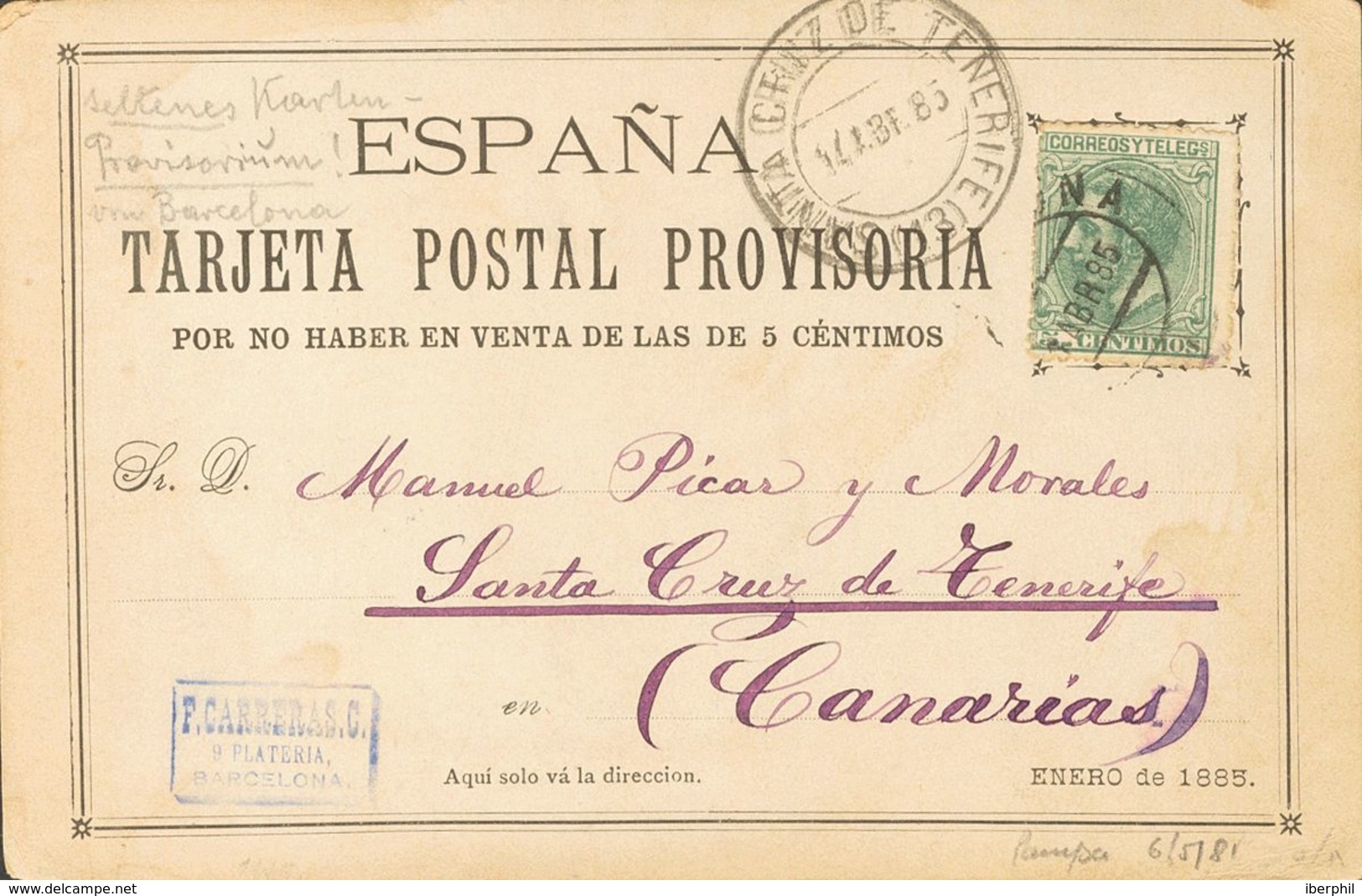 1885. 5 Cts Verde Sobre TARJETA POSTAL PROVISORIA DE CARRERAS CANDI (con La Marquilla En Color Violeta) De BARCELONA A S - Other & Unclassified