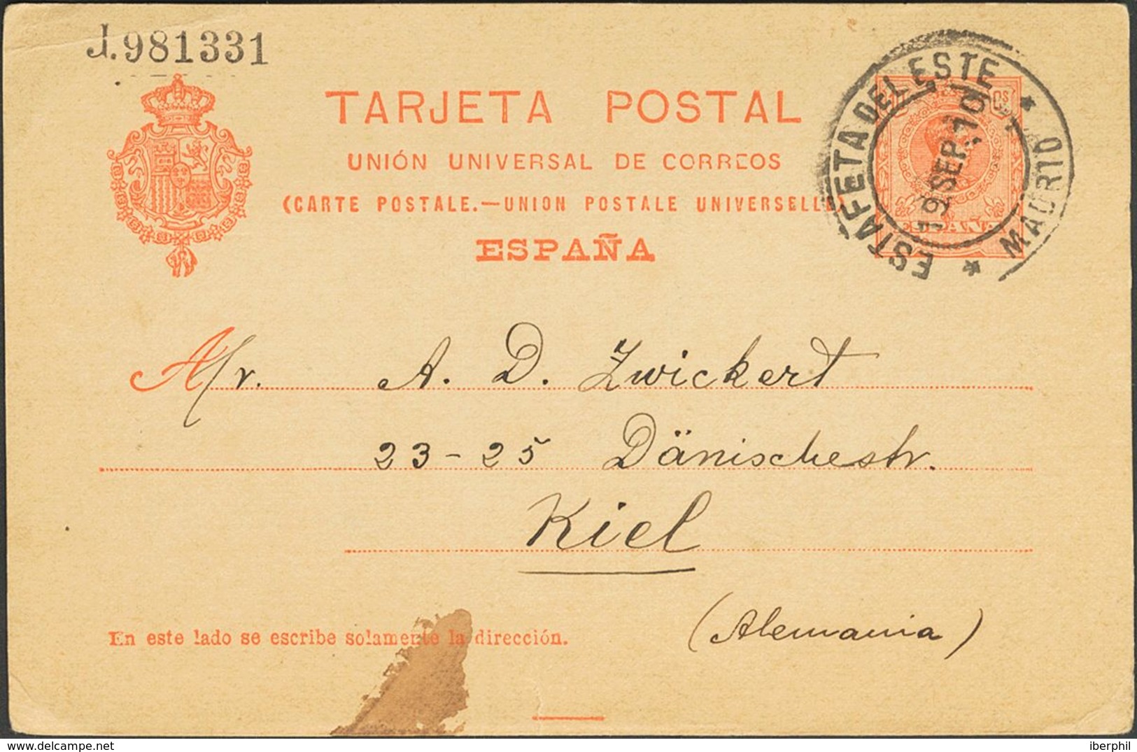 1910. 10 Cts Naranja Sobre Tarjeta Entero Postal De MADRID A KIEL (ALEMANIA). Matasello ESTAFETA DEL ESTE / MADRID. MAGN - Autres & Non Classés