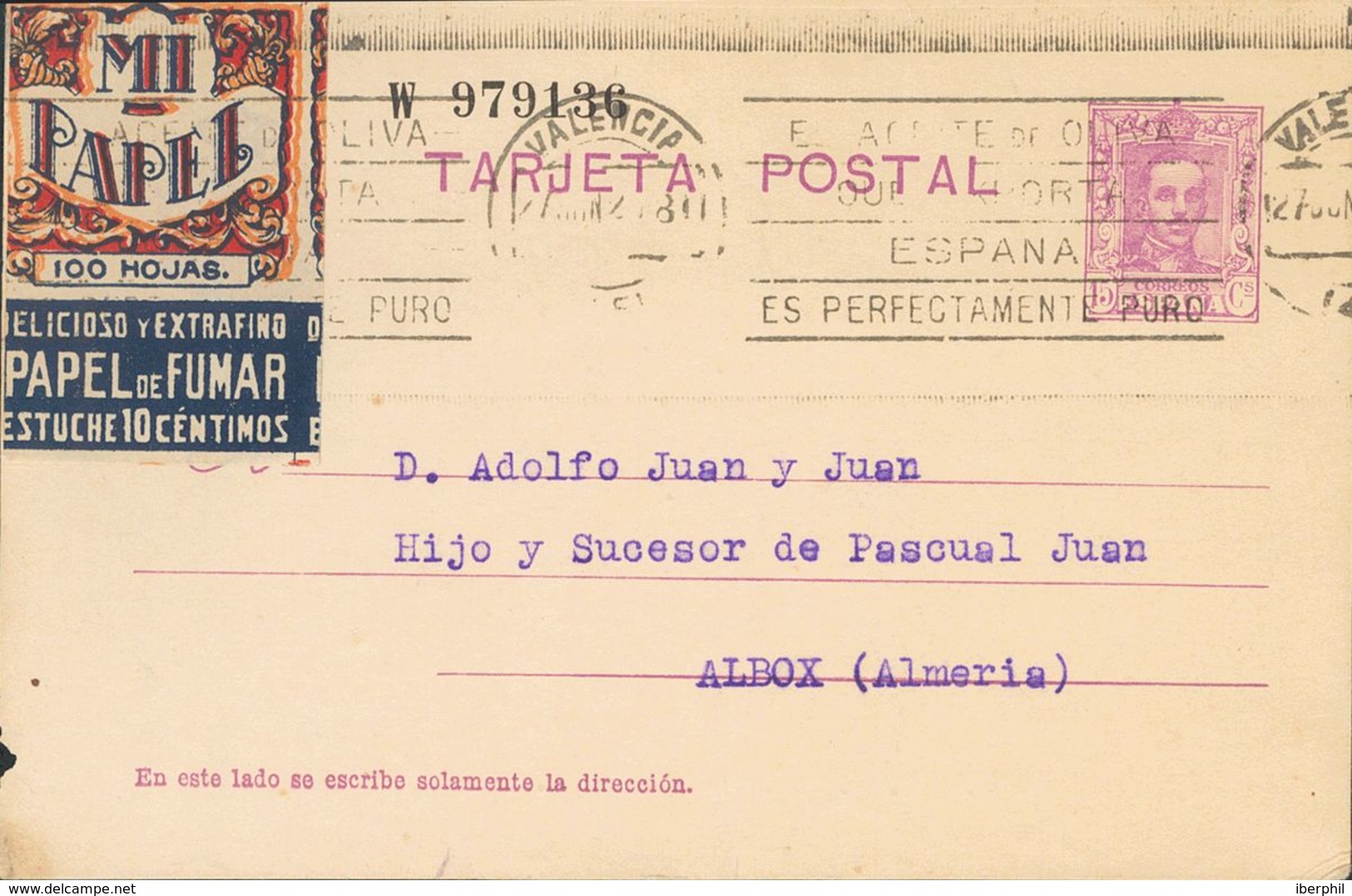 1929. 15 Cts Lila Sobre Tarjeta Entero Postal Y Viñeta MI PAPEL / PAPEL DE FUMAR / ESTUCHE 10 CENTIMOS De VALENCIA A ALB - Autres & Non Classés