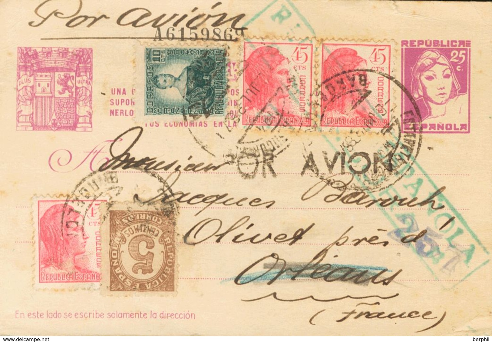 1936. 25 Cts Lila (una Cartilla...) Sobre Tarjeta Entero Postal De BARCELONA A ORLEANS (FRANCIA), Con Franqueo Complemen - Other & Unclassified