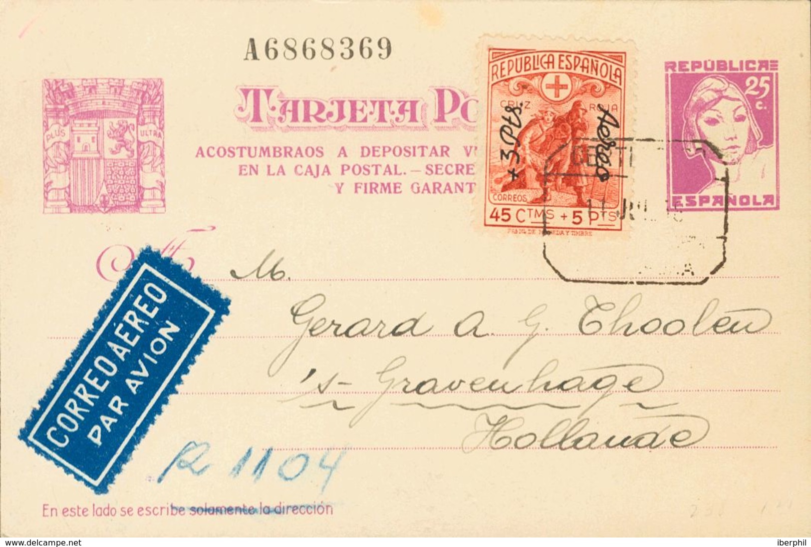 1938. 25 Cts Lila (acostumbrados A...) Sobre Tarjeta Entero Postal Certificada De BARCELONA A LA HAYA (HOLANDA), Con Fra - Sonstige & Ohne Zuordnung