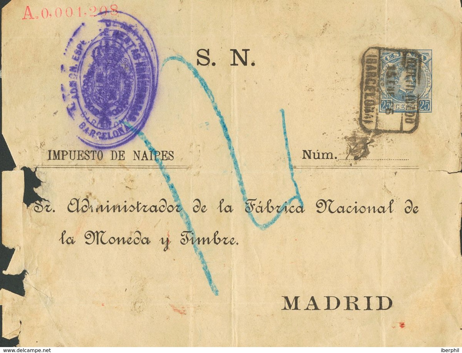 1906. 25 Cts Azul Sobre Frontal Certificado De Entero Postal (con Faltas De Papel En El Lado Izquierdo) IMPUESTO DE NAIP - Altri & Non Classificati