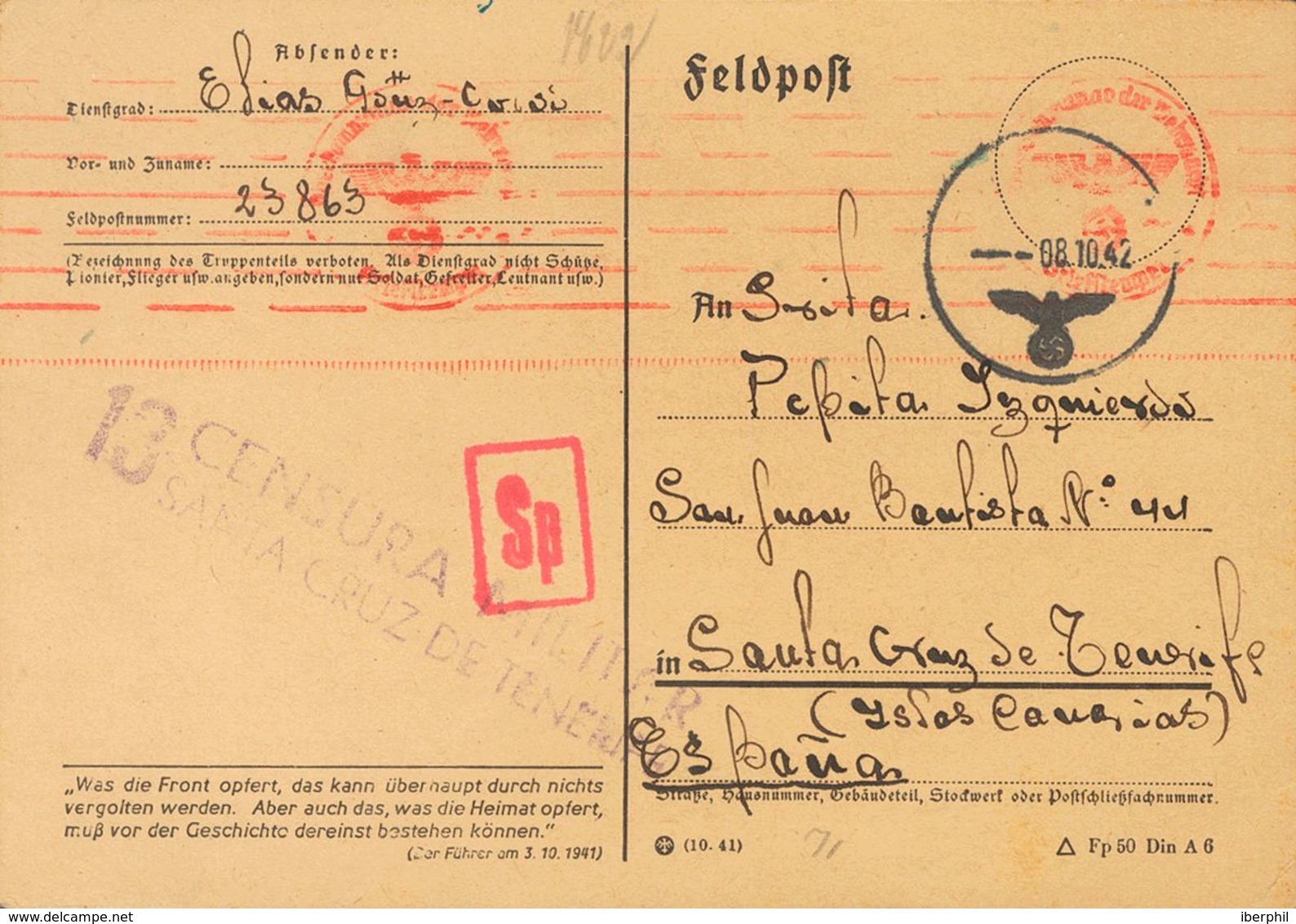 1942. Tarjeta Postal Desde El Frente Ruso FELDPOST Nº23863 A SANTA CRUZ DE TENERIFE. El Feldpost Corresponde Al Regimien - Other & Unclassified