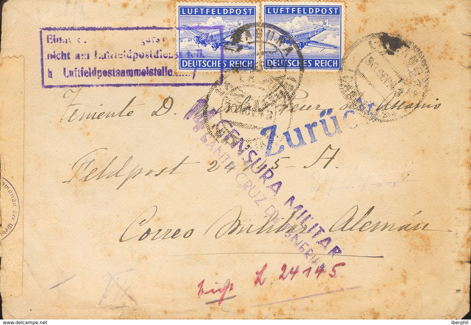 1943. Sin Valor, Ultramar, Dos Sellos De Correo Aéreo De Campaña. LA LAGUNA (CANARIAS) A FELDPOST Nº24945A, Remitida Por - Other & Unclassified