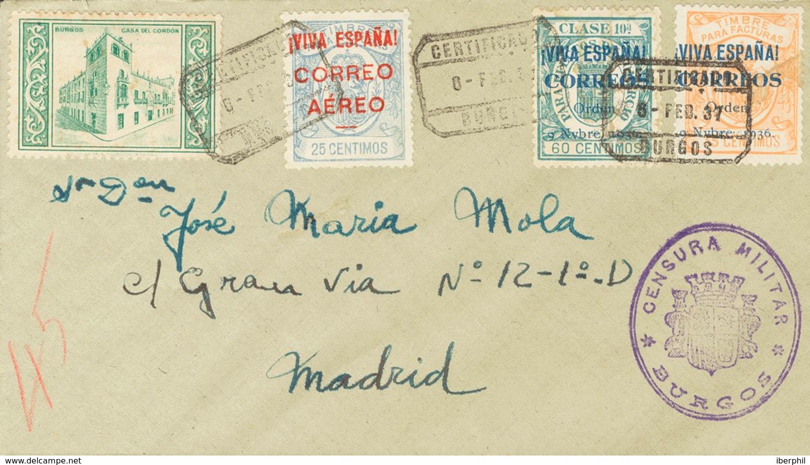 1937. 60 Cts Verde, 35 Cts Naranja, 25 Cts Verde Azul Y Viñeta De La Casa Del Cordón, En Verde. Carta Filatélica Certifi - Sonstige & Ohne Zuordnung