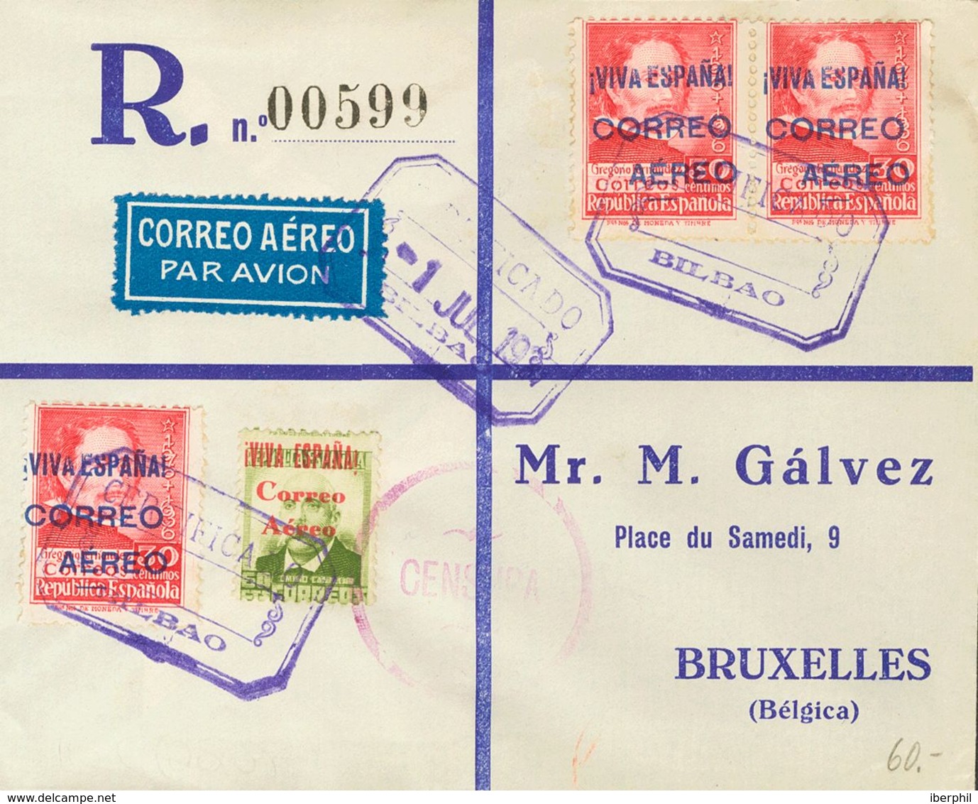 1937. 60 Cts Verde Oliva Y 30 Cts Carmín, Tres Sellos. Certificado De BILBAO A BRUSELAS (BELGICA). Al Dorso Llegada. MAG - Autres & Non Classés