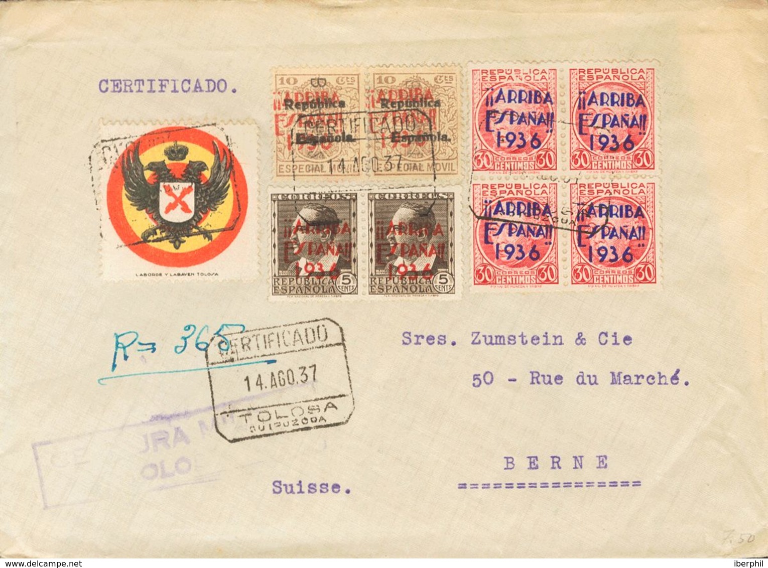 1937. 5 Cts Castaño, Dos Sellos, 30 Cts Carmín, Bloque De Cuatro, 10 Cts Castaño Claro, Dos Sellos Y Viñeta Requeté. Cer - Other & Unclassified