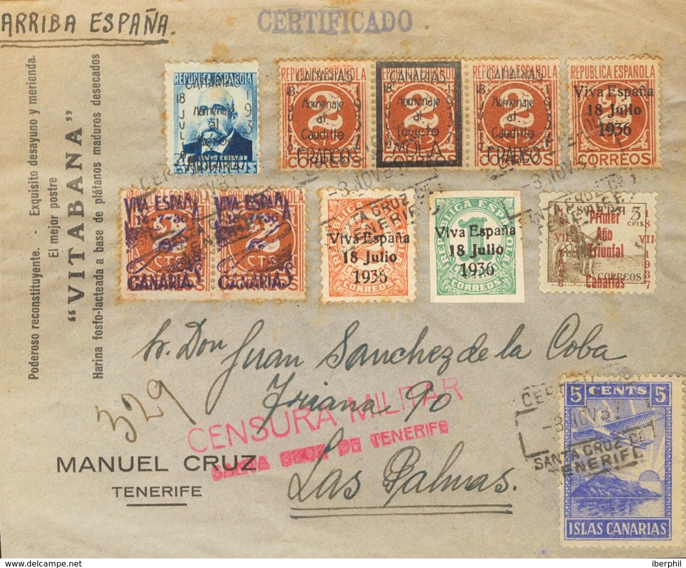 1937. 2 Cts Castaño Rojo Y Diversos Valores (tonalizados). Certificado De SANTA CRUZ DE TENERIFE A LAS PALMAS. Al Dorso  - Other & Unclassified