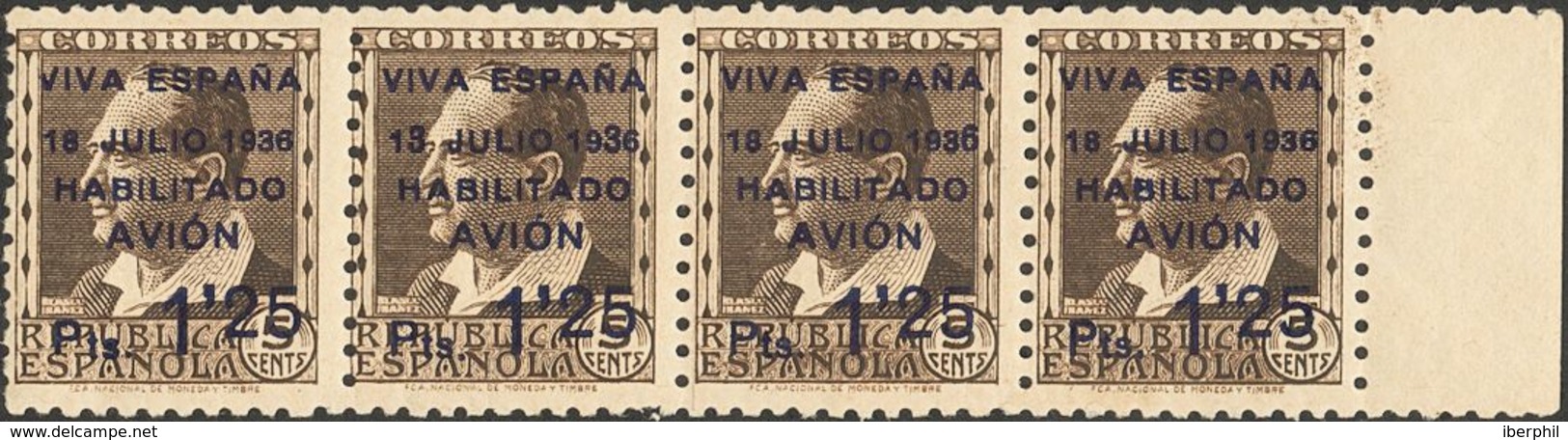 1'25 Pts Sobre 5 Cts Castaño, Tira De Cuatro. Un Sello Variedad "13" EN LUGAR DE "18" Y Otro Sello "6" DE "1936" GRANDE. - Sonstige & Ohne Zuordnung