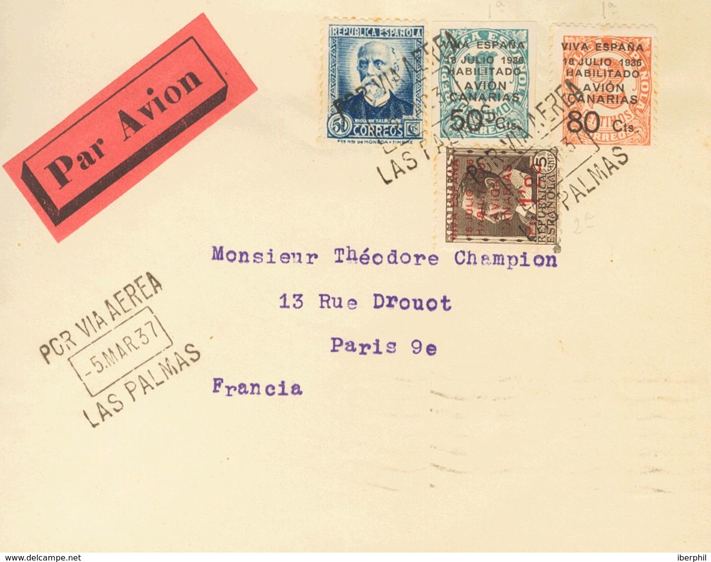 1937. Serie Completa, Variedad "8" DE "18" INVERTIDO Y 50 Cts Azul. LAS PALMAS A PARIS (FRANCIA). Al Dorso Llegada. MAGN - Other & Unclassified