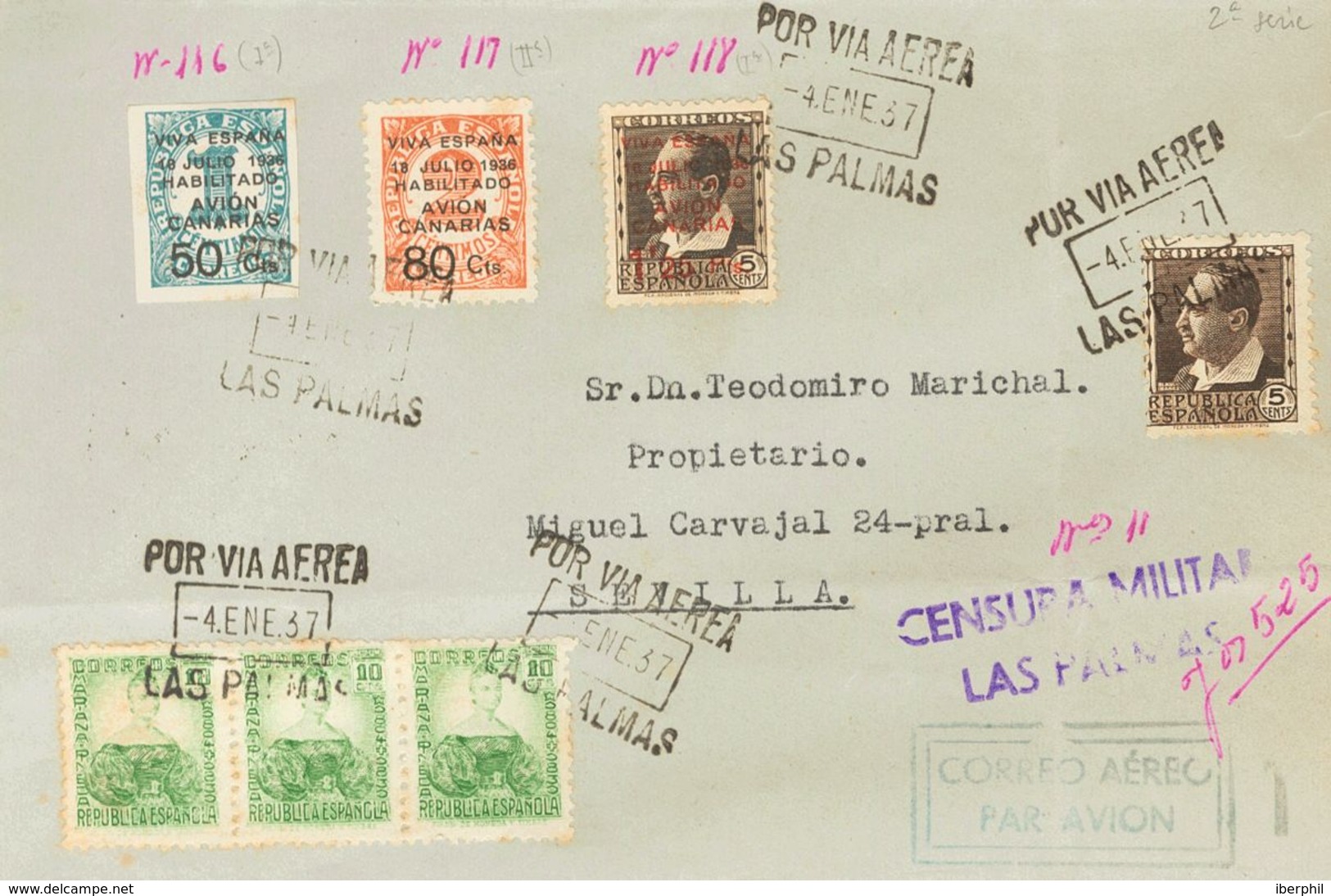 1937. Serie Completa, 5 Cts Castaño Y 10 Cts Verde, Tira De Tres. LAS PALMAS A SEVILLA. Al Dorso Llegada. MAGNIFICA. - Other & Unclassified