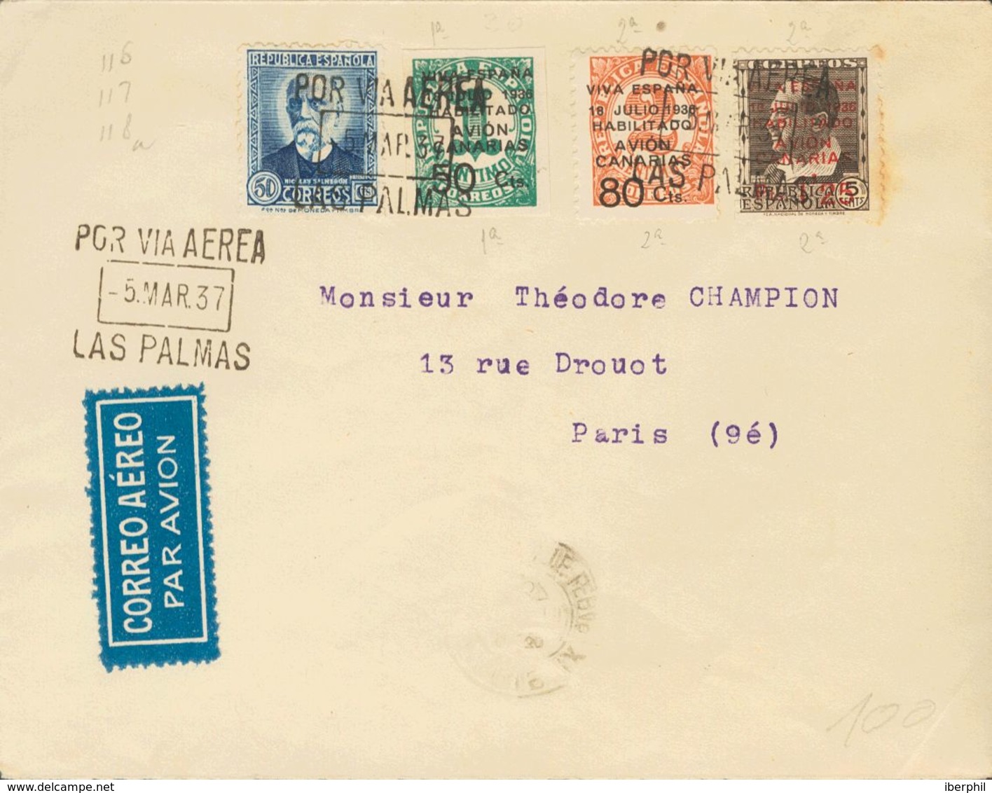 1937. Serie Completa (80 Cts Y 1'25 Pts 2ª Tirada) Y 50 Cts Azul. LAS PALMAS A PARIS (FRANCIA). Al Dorso Llegada. BONITA - Other & Unclassified