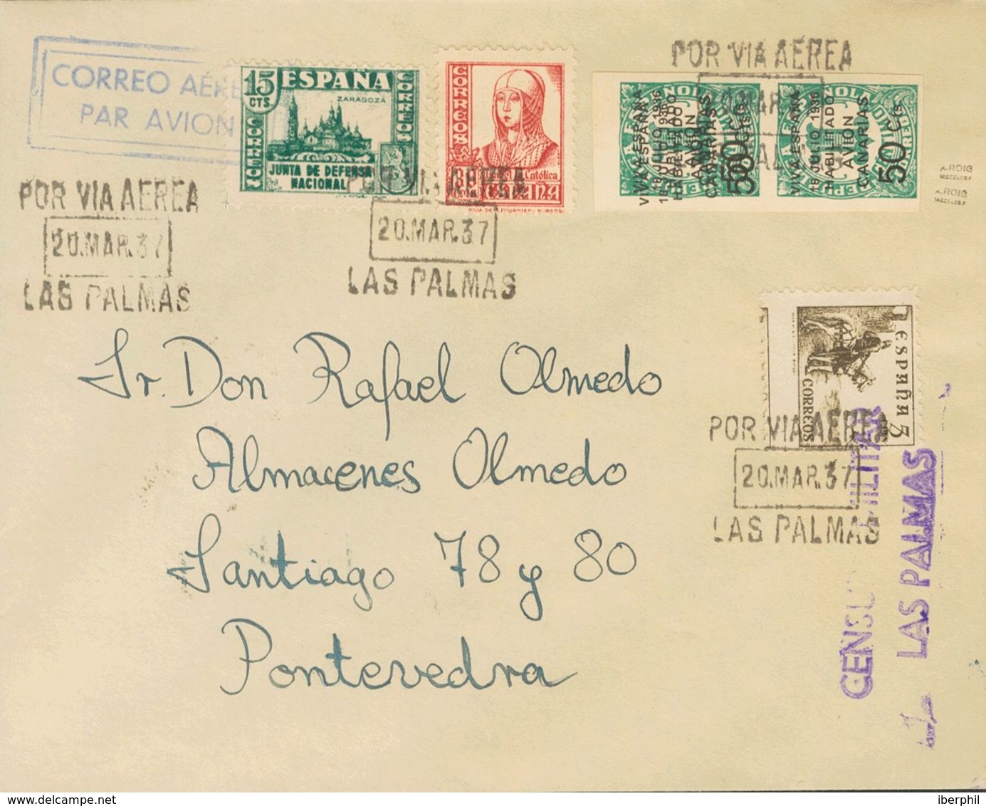 1937. 50 Cts Sobre 1 Cts Verde Azul, Pareja, Un Sello SOBRECARGA DOBLE Y Diversos Valores. LAS PALMAS A PONTEVEDRA. Al D - Other & Unclassified