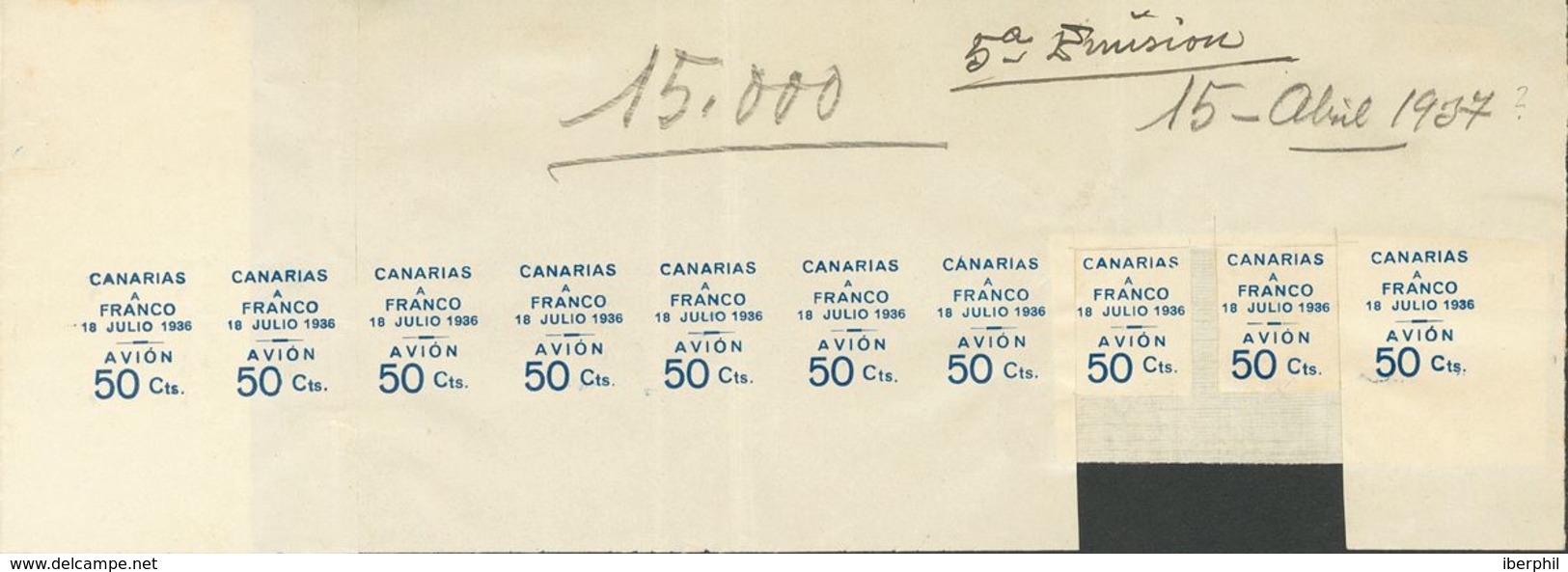 PRUEBA DE IMPRONTA DE LA SOBRECARGA DE 50 CTS, En Azul, En Tira De Diez (dos Improntas Recortadas Y Reconstruidas Con El - Other & Unclassified