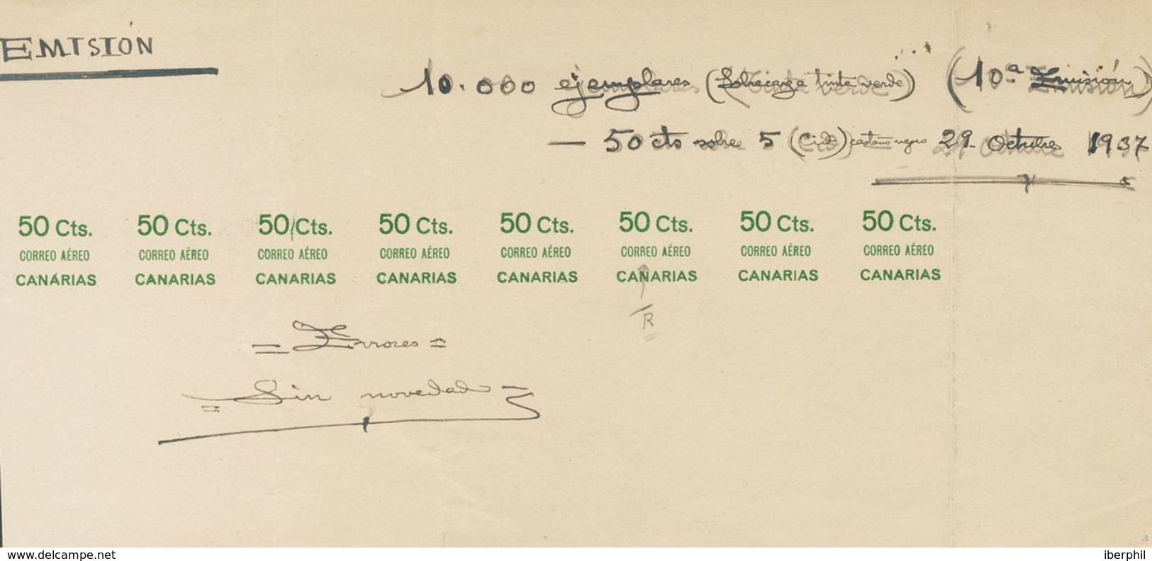 PRUEBA DE LA IMPRONTA DE SOBRECARGA DE 50 CTS, En Tira De Ocho, En Verde, Con Anotaciones Manuscritas De La Tirada Y Cor - Sonstige & Ohne Zuordnung