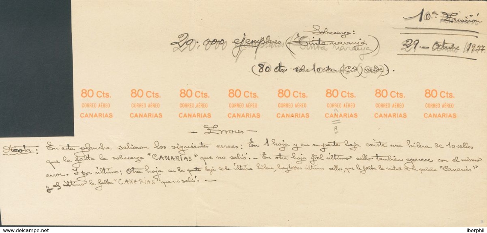 PRUEBA DE IMPRONTA DE LA SOBRECARGA DE 80 CTS, En Naranja Y En Tira De Ocho, Con Anotaciones Manuscritas De La Tirada, C - Other & Unclassified