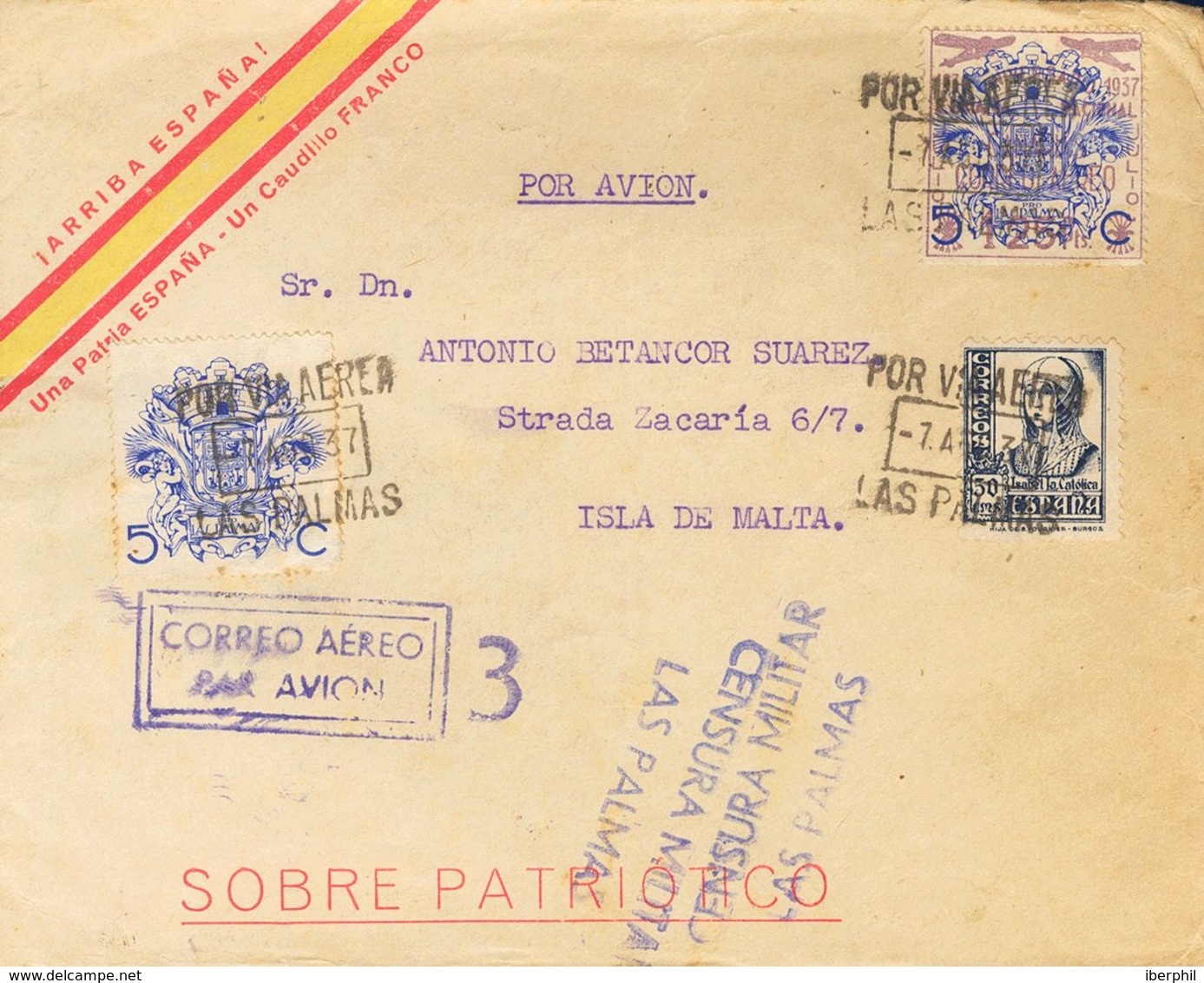 1937. 1'25 Pts Sobre 5 Cts Azul Y Diversos Valores. LAS PALMAS A MALTA. Al Dorso Llegada. MAGNIFICA Y RARO DESTINO. - Sonstige & Ohne Zuordnung