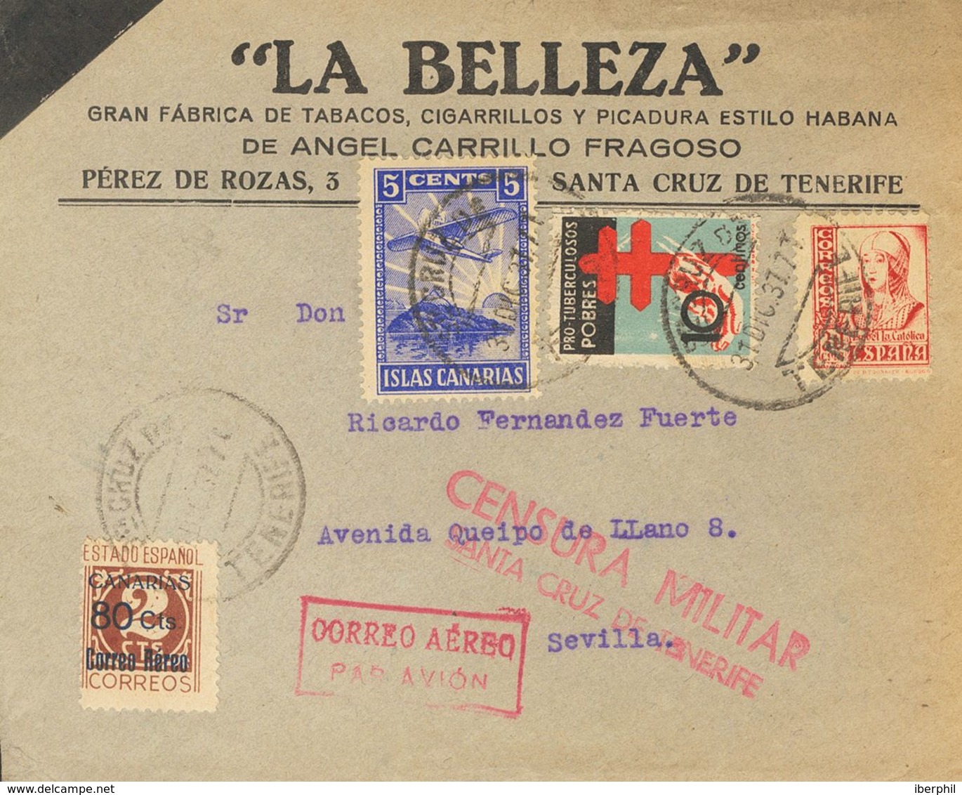 1937. 80 Cts Sobre 2 Cts Castaño Y Diversos Valores. SANTA CRUZ DE TENERIFE A SEVILLA. Al Dorso Llegada. MAGNIFICA. - Autres & Non Classés