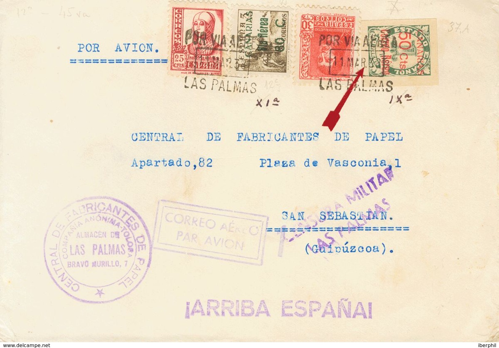 1938. 80 Cts Sobre 5 Cts Castaño, 25 Cts Rojo Y 30 Cts Rojo. LAS PALMAS A SAN SEBASTIAN. MAGNIFICA. - Other & Unclassified