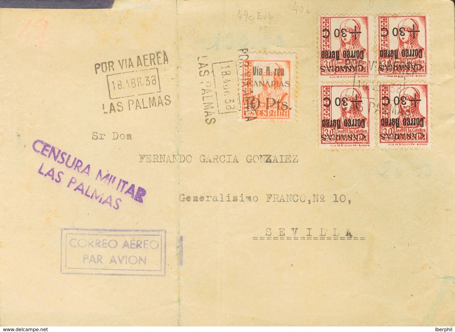 1938. 10 Pts Sobre 40 Cts Naranja SIN LA PRIMERA "E" DE AEREA Y 30 Cts Sobre 30 Cts Carmín, Bloque De Cuatro SOBRECARGA  - Sonstige & Ohne Zuordnung