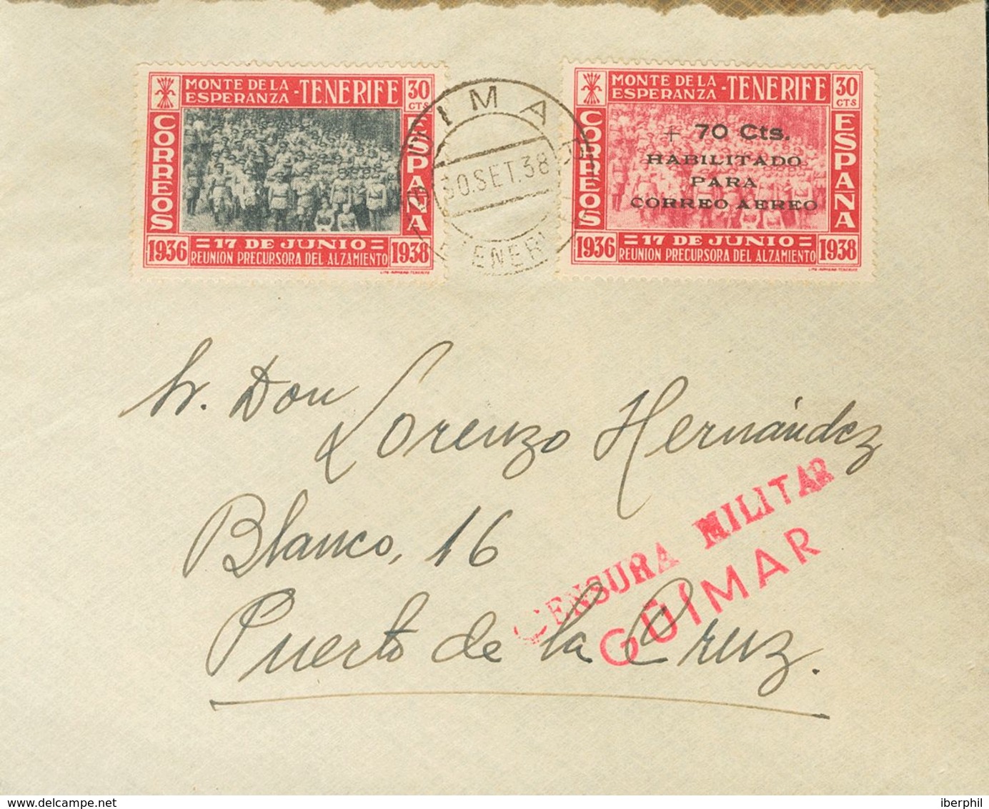 1938. 70 Cts Sobre 30 Cts Rojo Y Rosa Y 30 Cts Rojo Y Negro. GÜIMAR A PUERTO DE LA CRUZ. Al Dorso Llegada. MAGNIFICA Y R - Other & Unclassified