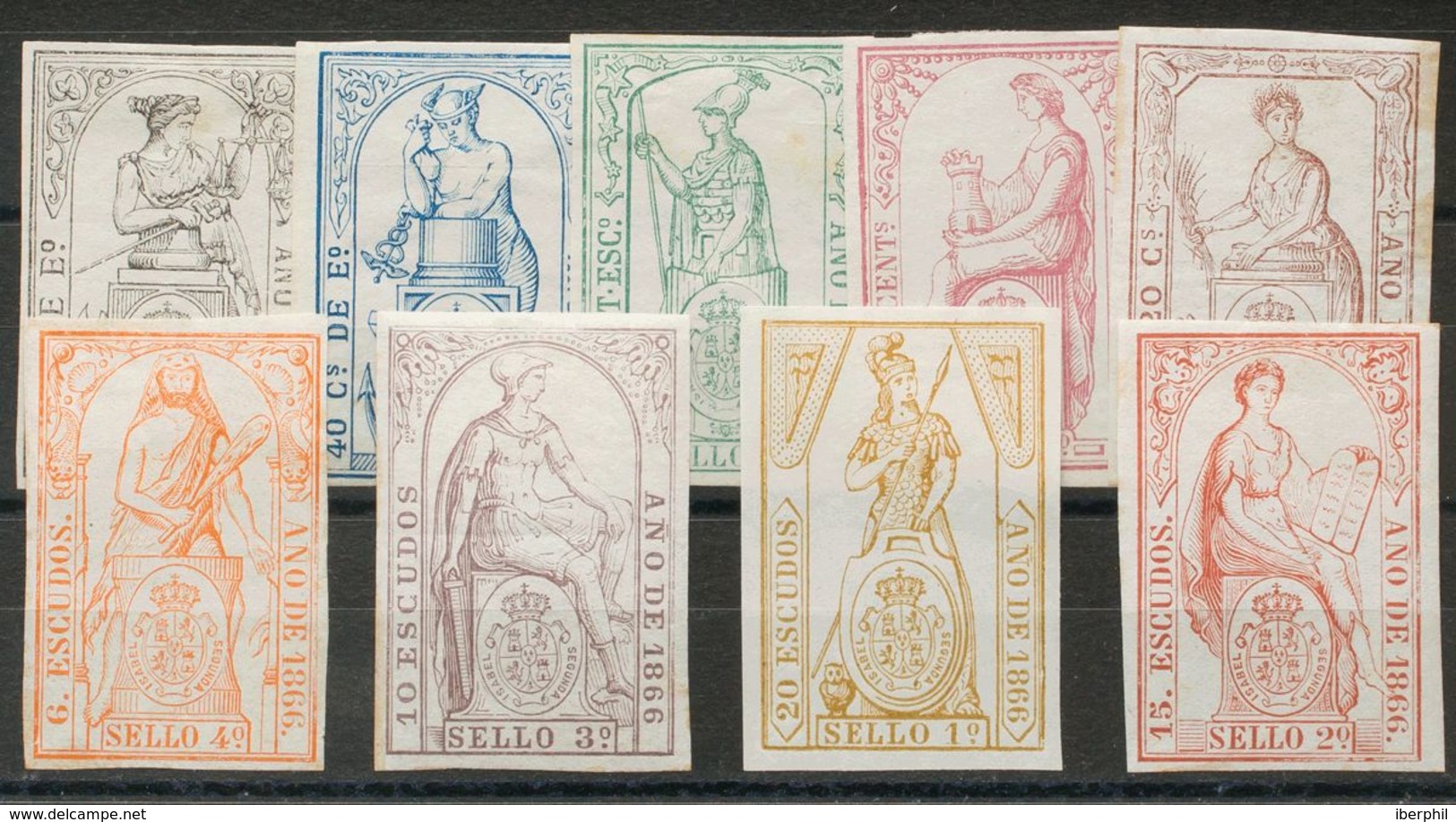 Serie Completa POLIZAS (1866), Nueve Valores. MAGNIFICA Y RARA. (Alemany, 61/69) - Autres & Non Classés