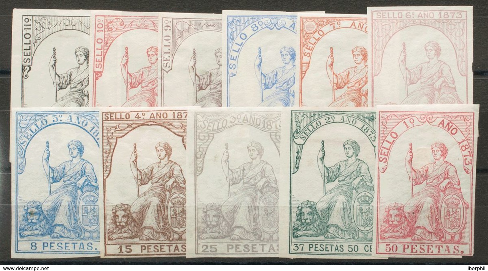 Serie Completa POLIZAS (1873), Once Valores. BONITA Y MUY RARA. (Alemany, 128/38) - Autres & Non Classés