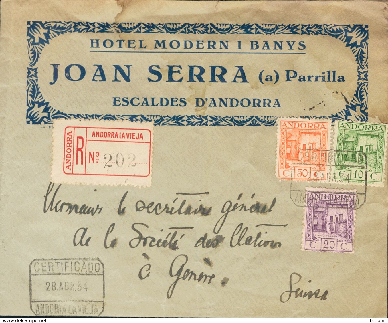 1934. 10 Cts Verde, 20 Cts Violeta Y 50 Cts Naranja. Certificado De ESCALDES A GINEBRA (SUIZA). Al Dorso Llegada. MAGNIF - Autres & Non Classés