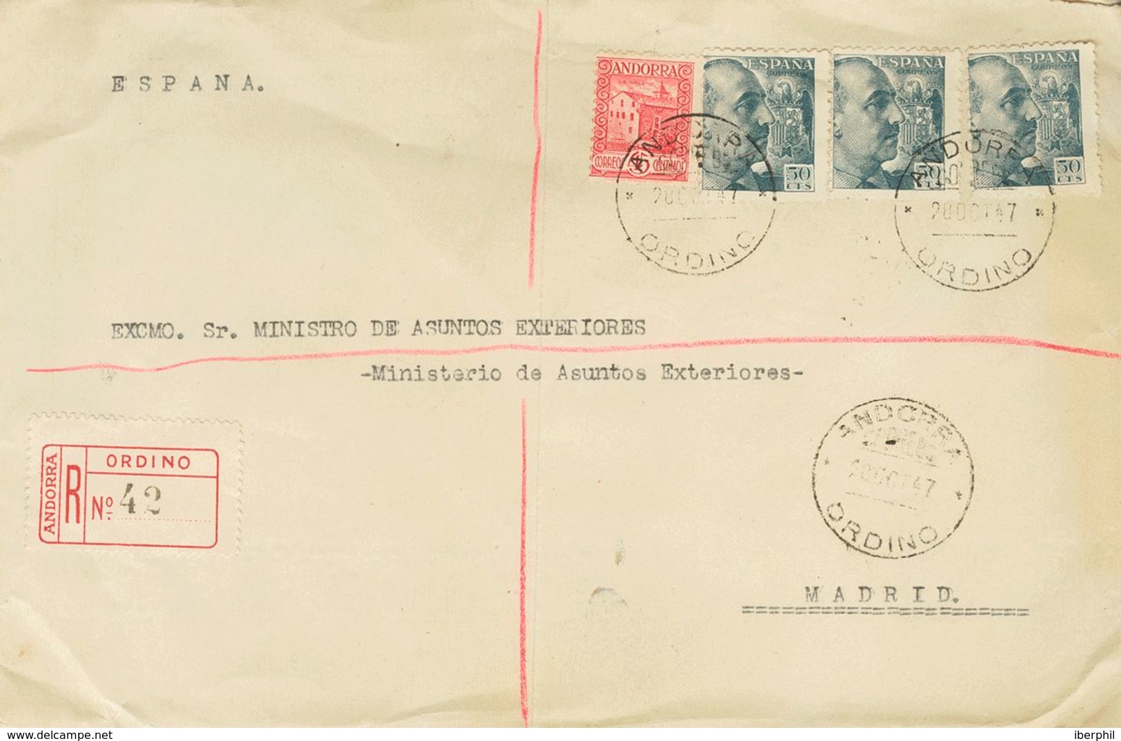 1947. 45 Cts Rosa Y Tres Sellos De 50 Cts De España. Certificado De ORDINO A MADRID. Al Dorso Llegada. MAGNIFICO E INUSU - Autres & Non Classés