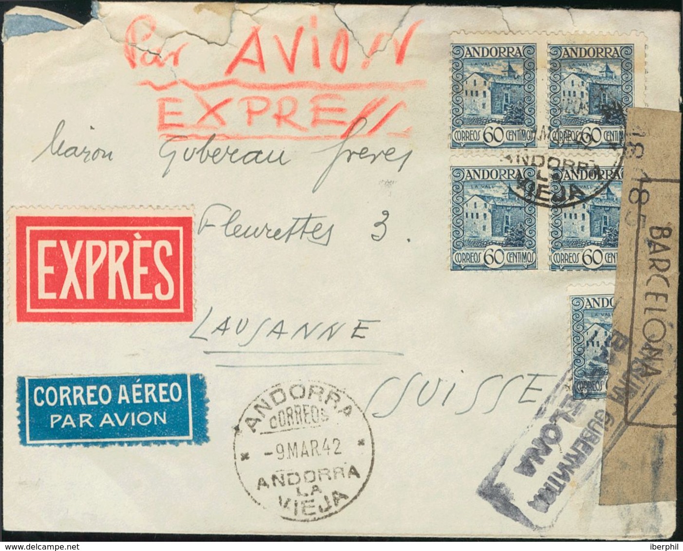 1942. 60 Cts Azul, Cinco Sellos. ANDORRA LA VIEJA A LAUSANA (SUIZA). Al Dorso Llegada. MAGNIFICA. - Other & Unclassified