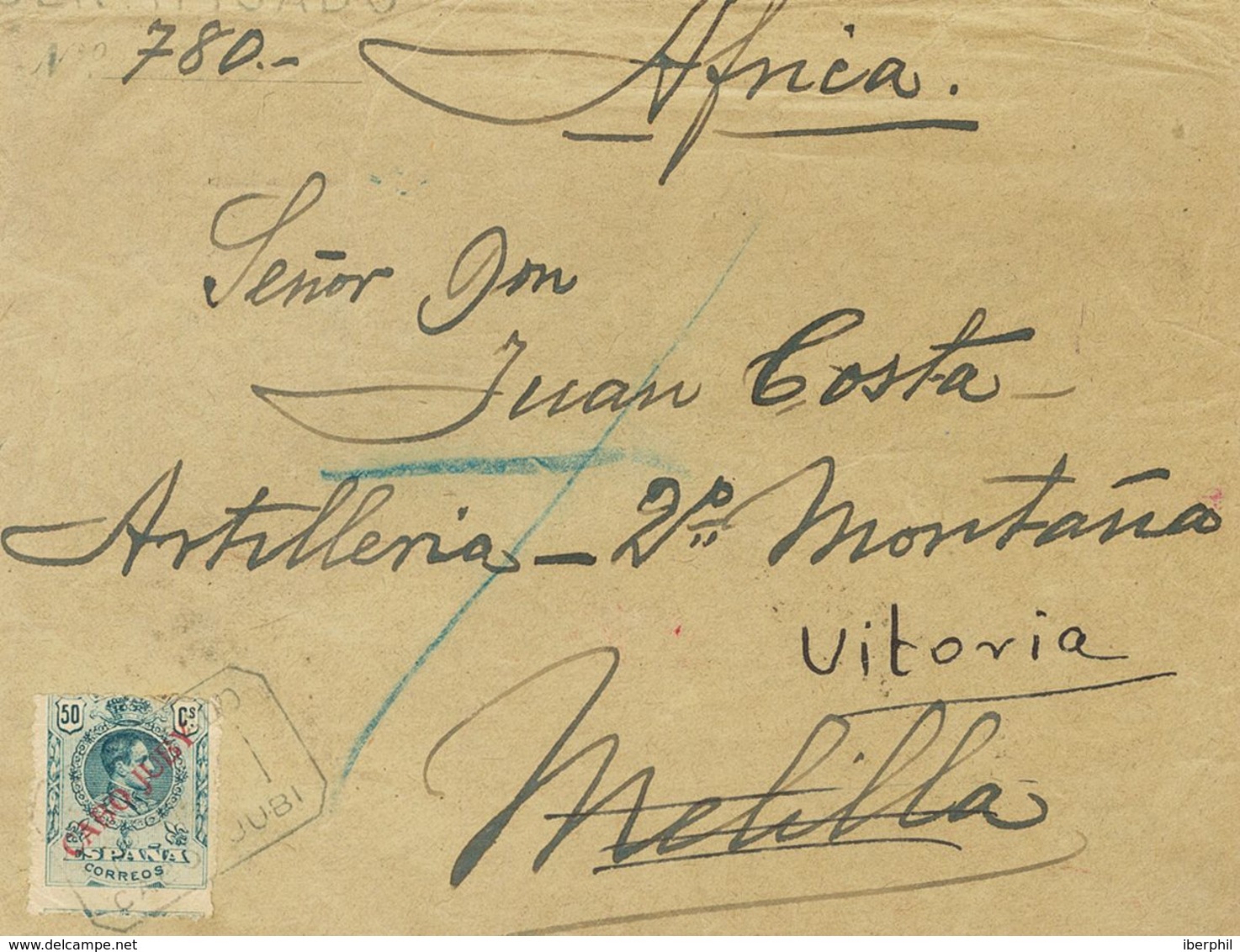 1919. 50 Cts Azul Verdoso. Frontal De Certificado De CABO JUBY A MELILLA, Reexpedida A VITORIA. MAGNIFICA Y RARA. - Other & Unclassified