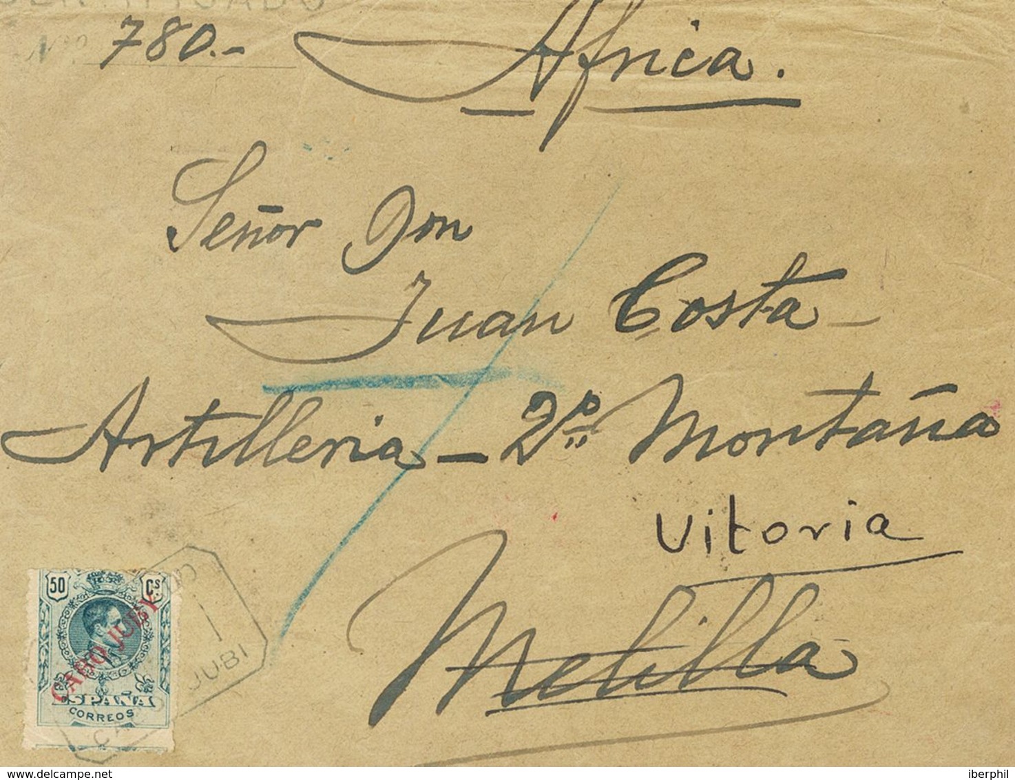 1919. 50 Cts Azul Verdoso. Frontal De Certificado De CABO JUBY A MELILLA, Reexpedida A VITORIA. MAGNIFICA Y RARA. - Sonstige & Ohne Zuordnung