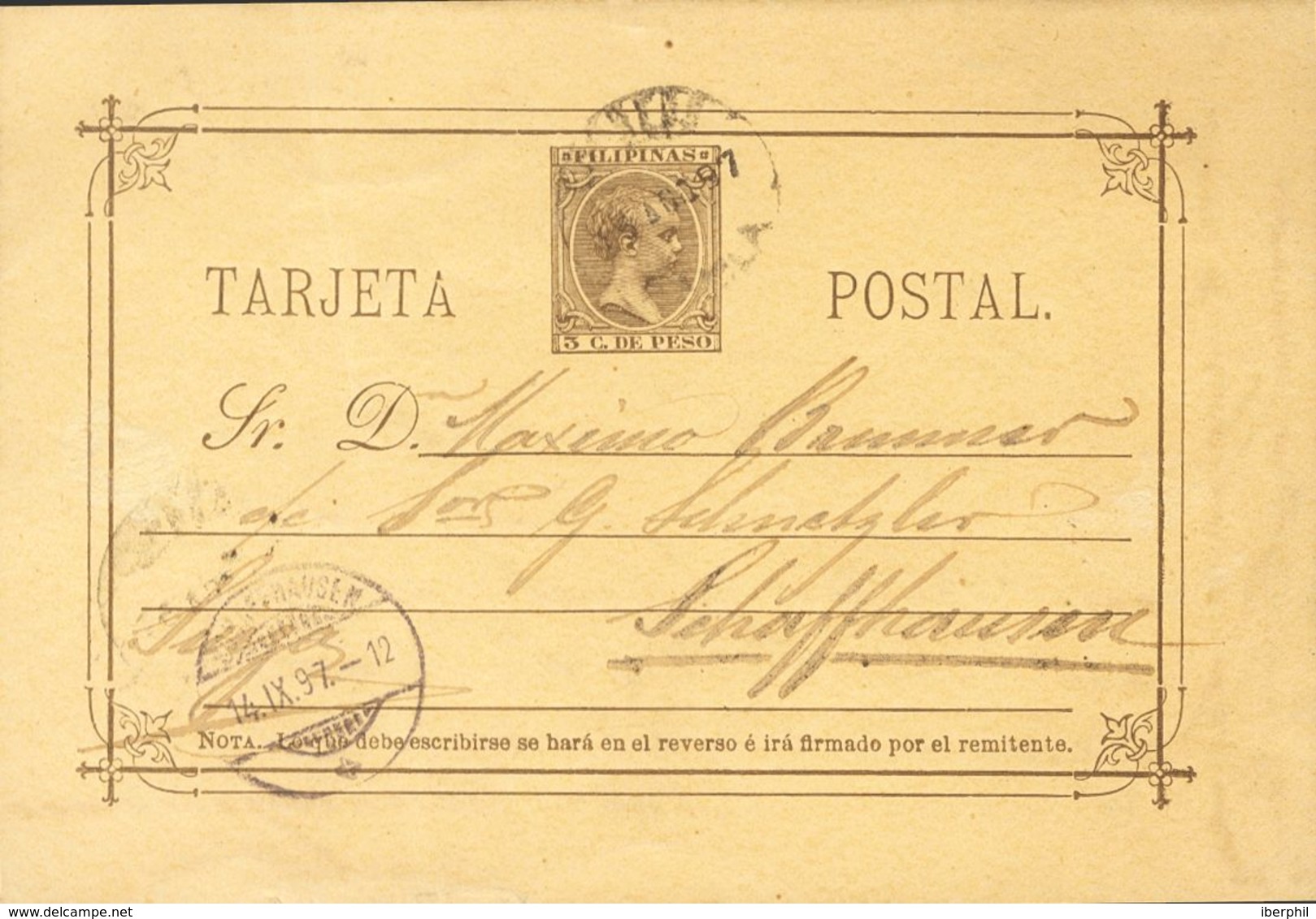 1897. 3 Ctvos Castaño Sobre Tarjeta Entero Postal Dirigida A SCHAFFHAUSEN (ALEMANIA). En El Frente Llegada. MAGNIFICA Y  - Autres & Non Classés