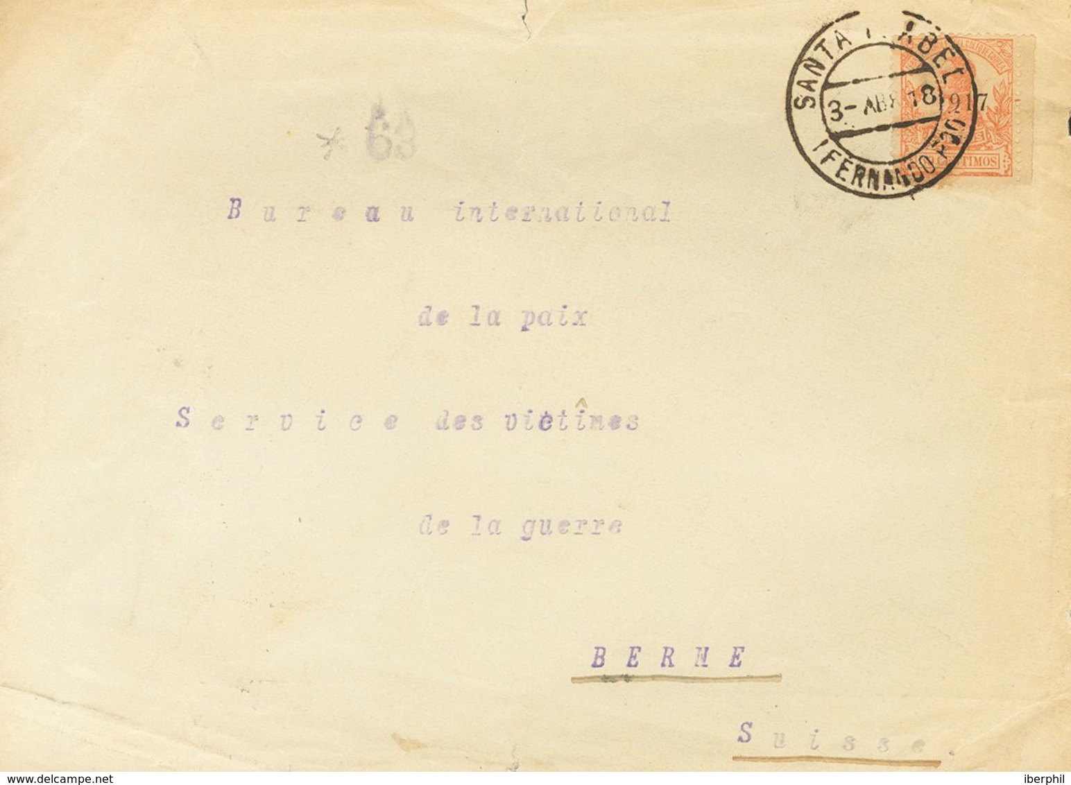 1918. 50 Cts Naranja. SANTA ISABEL A BERNA (SUIZA). Al Dorso Llegada. MAGNIFICA. - Autres & Non Classés
