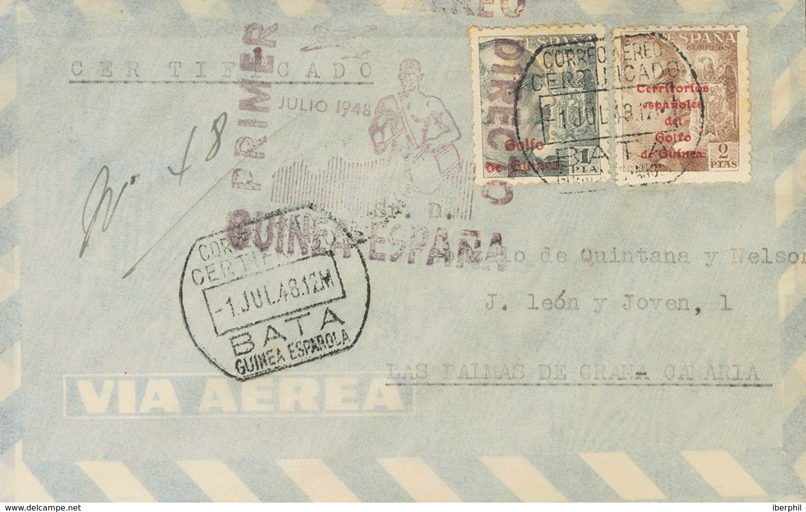 1948. 1 Pts Negro Y 2 Pts Castaño. Certificado De BATA A LAS PALMAS DE GRAN CANARIA. En El Frente Marca PRIMER CORREO AE - Autres & Non Classés