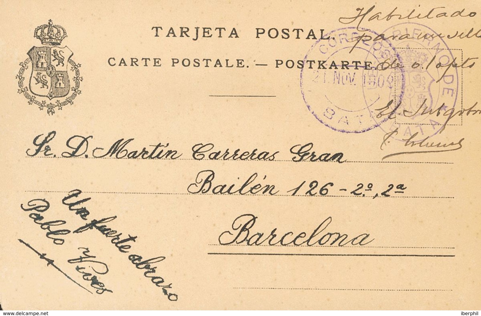 1902. Tarjeta Postal Provisoria De BATA A BARCELONA. Indicación Manuscrita "Habilitado Para Un Sello De 0'10 Pts", Marca - Autres & Non Classés
