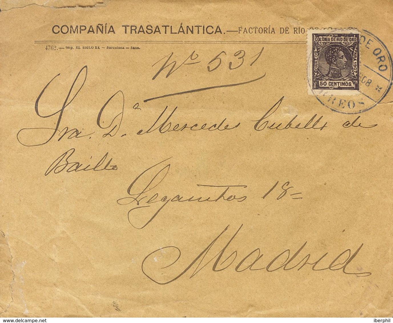 1908. 50 Cts Violeta. Certificado De RIO DE ORO A MADRID. Al Dorso Llegada. MAGNIFICA. - Autres & Non Classés