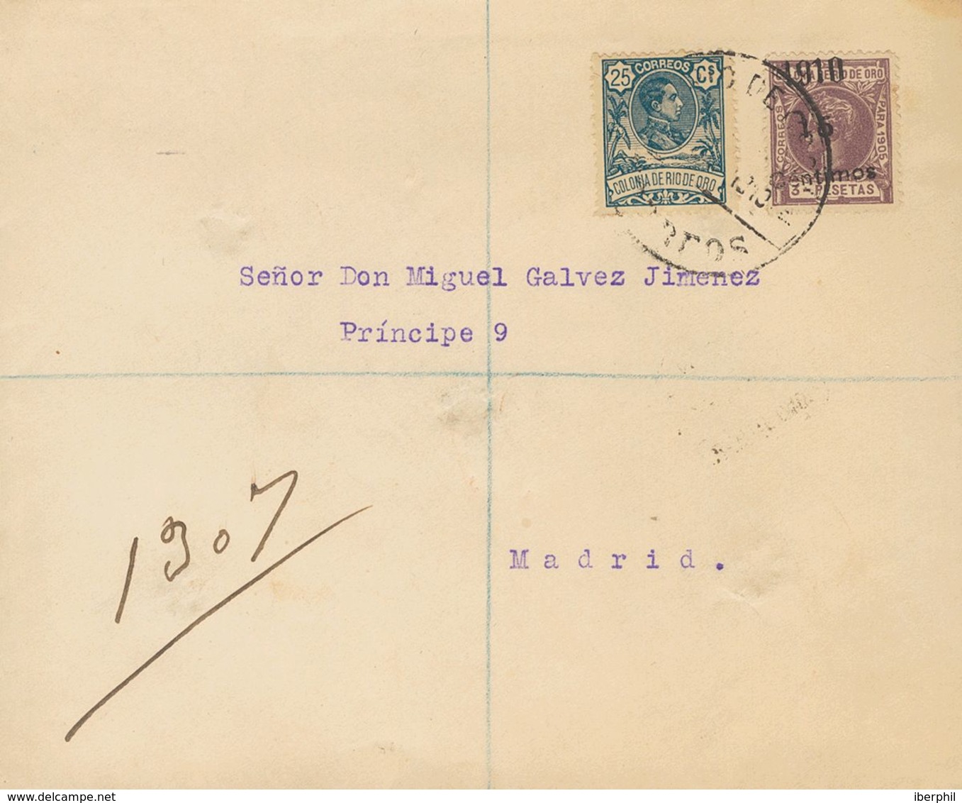 1910. 15 Cts Sobre 3 Pts Violeta Y 25 Cts Azul. Certificado De RIO DE ORO A MADRID. Al Dorso Llegada. MAGNIFICA Y RARA. - Autres & Non Classés