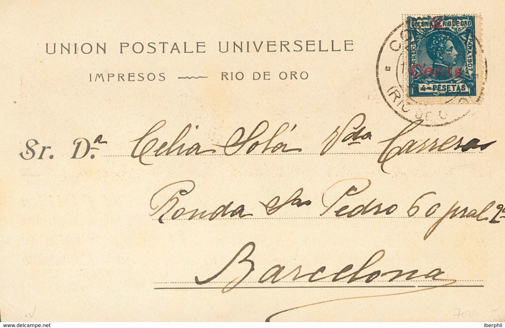 1910. 2 Cts Sobre 4 Pts Azul. Tarjeta Postal De RIO DE ORO A BARCELONA. MAGNIFICA. - Andere & Zonder Classificatie