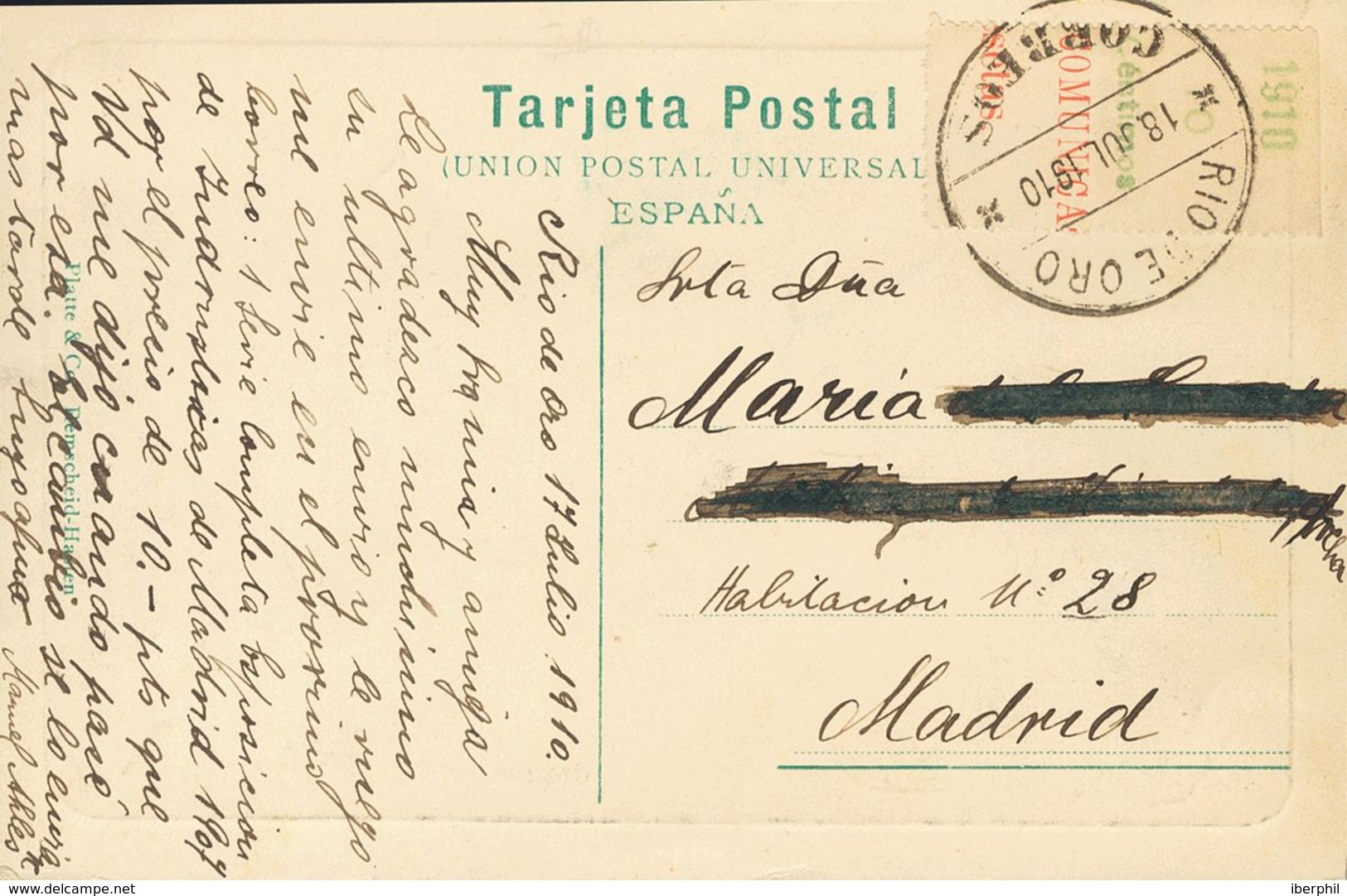 1910. 10 Cts Sobre Borde De Hoja, En Verde. Tarjeta Postal De RIO DE ORO A MADRID. Al Dorso Llegada. MAGNIFICA Y RARA. - Autres & Non Classés