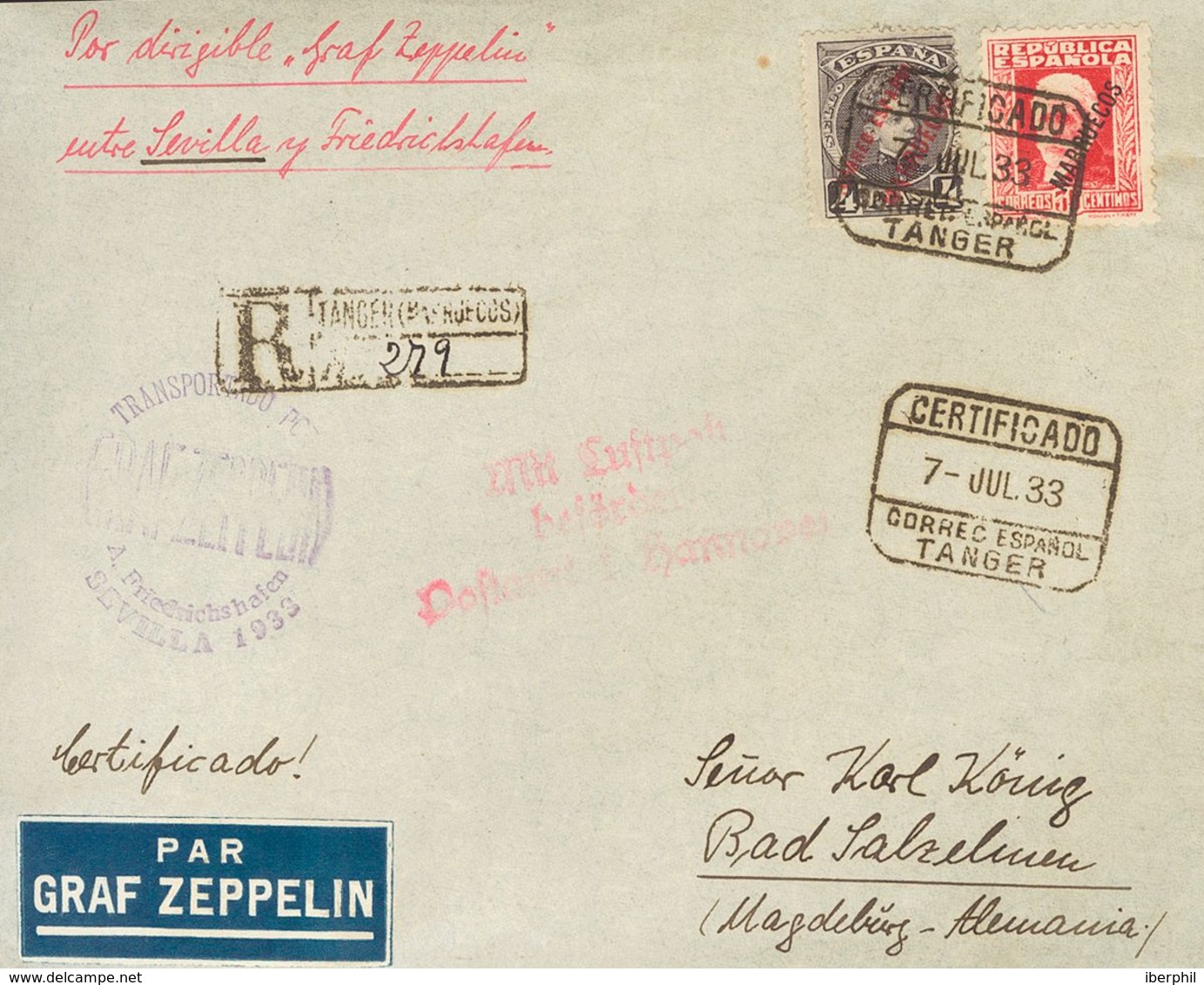 1933. 30 Cts Carmín Y 4 Pts Violeta De Marruecos. Graf Zeppelin Certificado De TANGER A MAGDEBURGO (ALEMANIA). En El Fre - Other & Unclassified