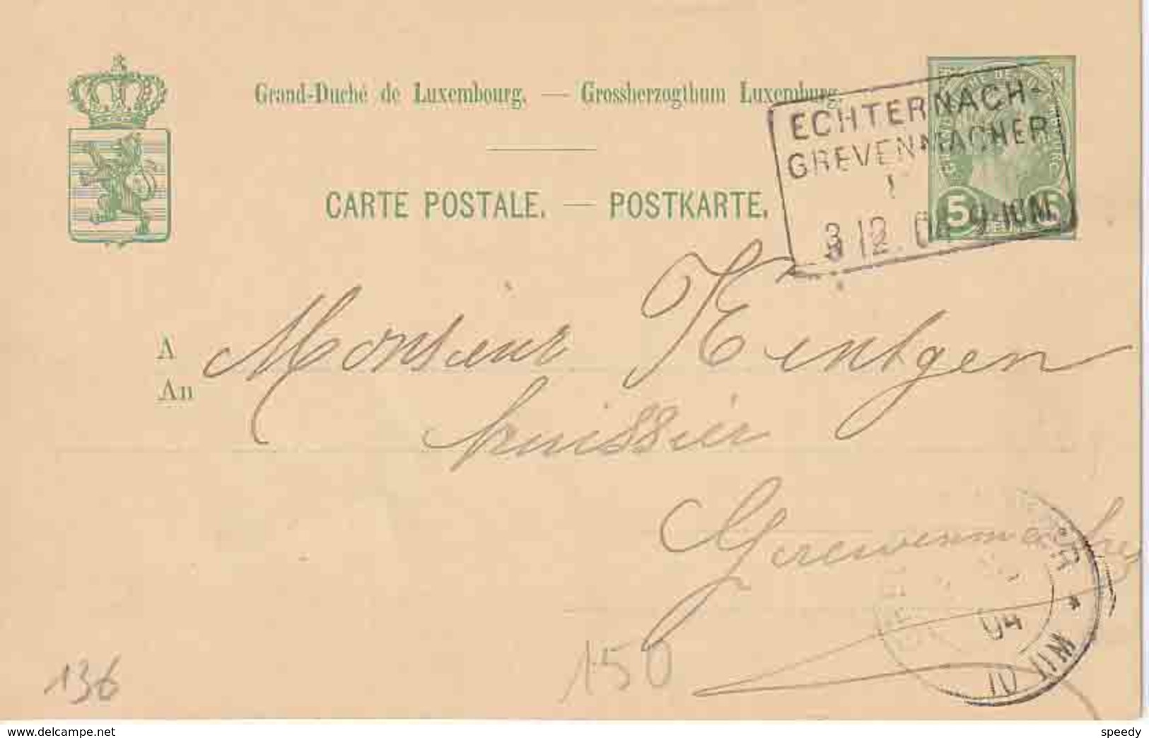 LUXEMBURG BAHNPOST / AMBULANT : Entier/Ganzsache (Lux) "ECHTERNACH- /  GREVENMACHER / F. C. / 3.12.04" - Maschinenstempel (EMA)