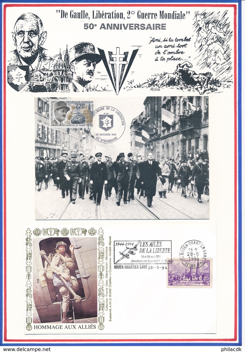 FRANCE - CARTE 50E ANNIV LIBERATION 23.11.94 STRASBOURG + ENVELOPPE ROUEN QUARTIER GARE 28.5.94 -LES AILES DE LA LIBERTE - Guerre Mondiale (Seconde)