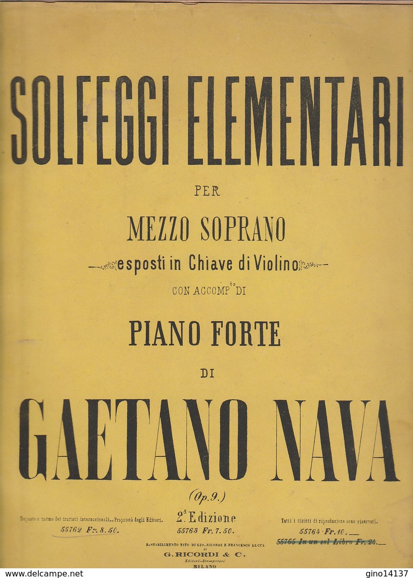 Spartito SOLFEGGI ELEMENTARI Per Soprano Di GAETANO NAVA G. RICORDI & C. - Compositori Di Commedie Musicali