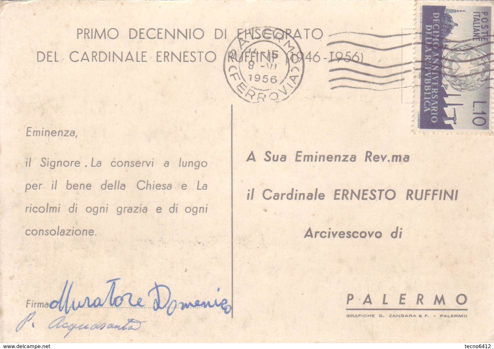 Cartolina Primo Decennio Di Episcopato Del Cardinale Ernesto Ruffini  1946 / 1956 - Viaggiata - Altri & Non Classificati