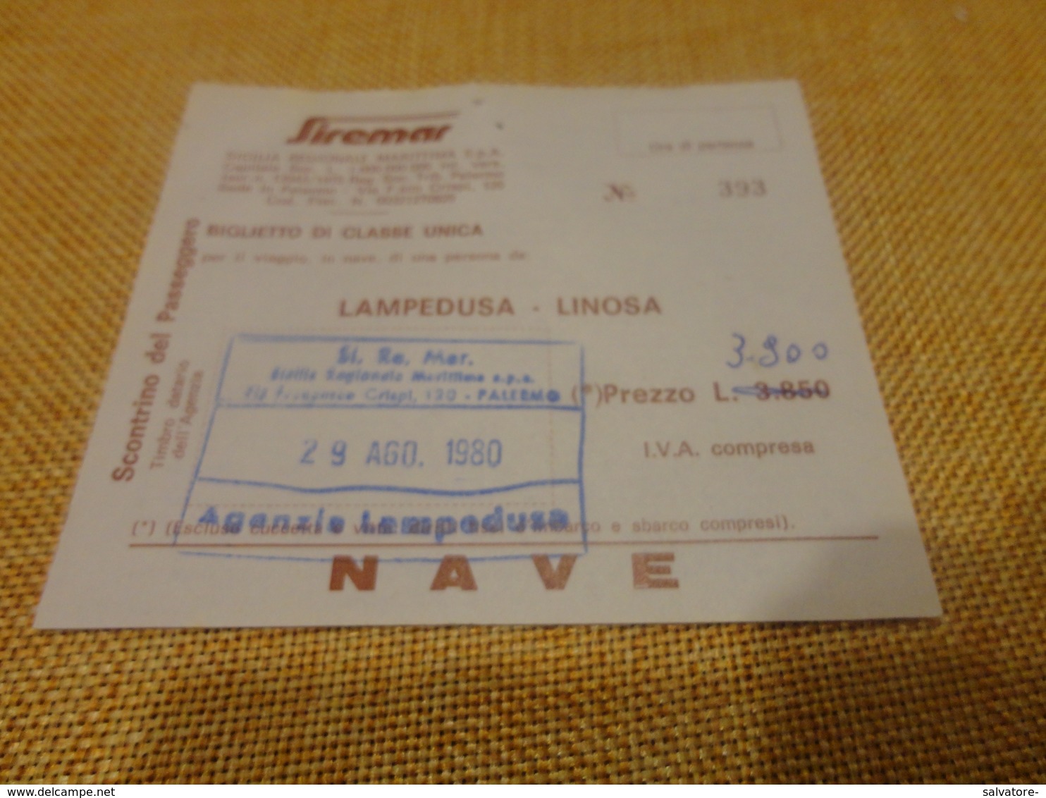 BIGLIETTO SIREMAR TRATTA LAMPEDUSA - LINOSA -1980 - Europa