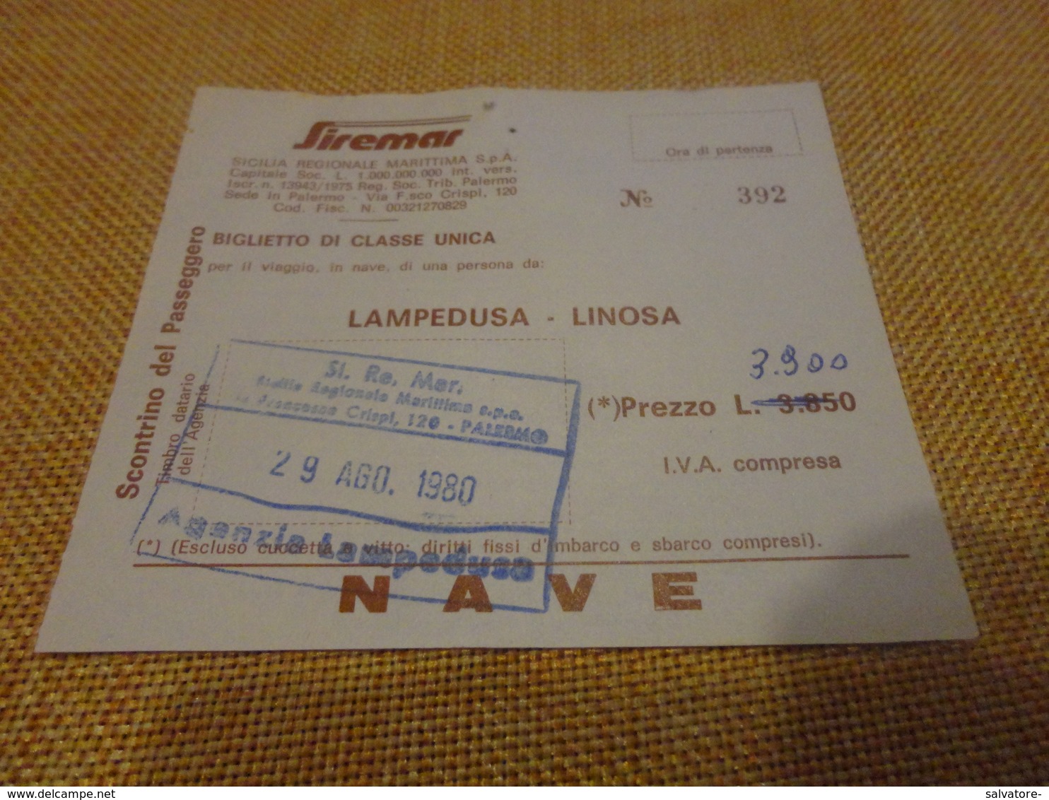 BIGLIETTO SIREMAR TRATTA LAMPEDUSA - LINOSA -1980 - Europe