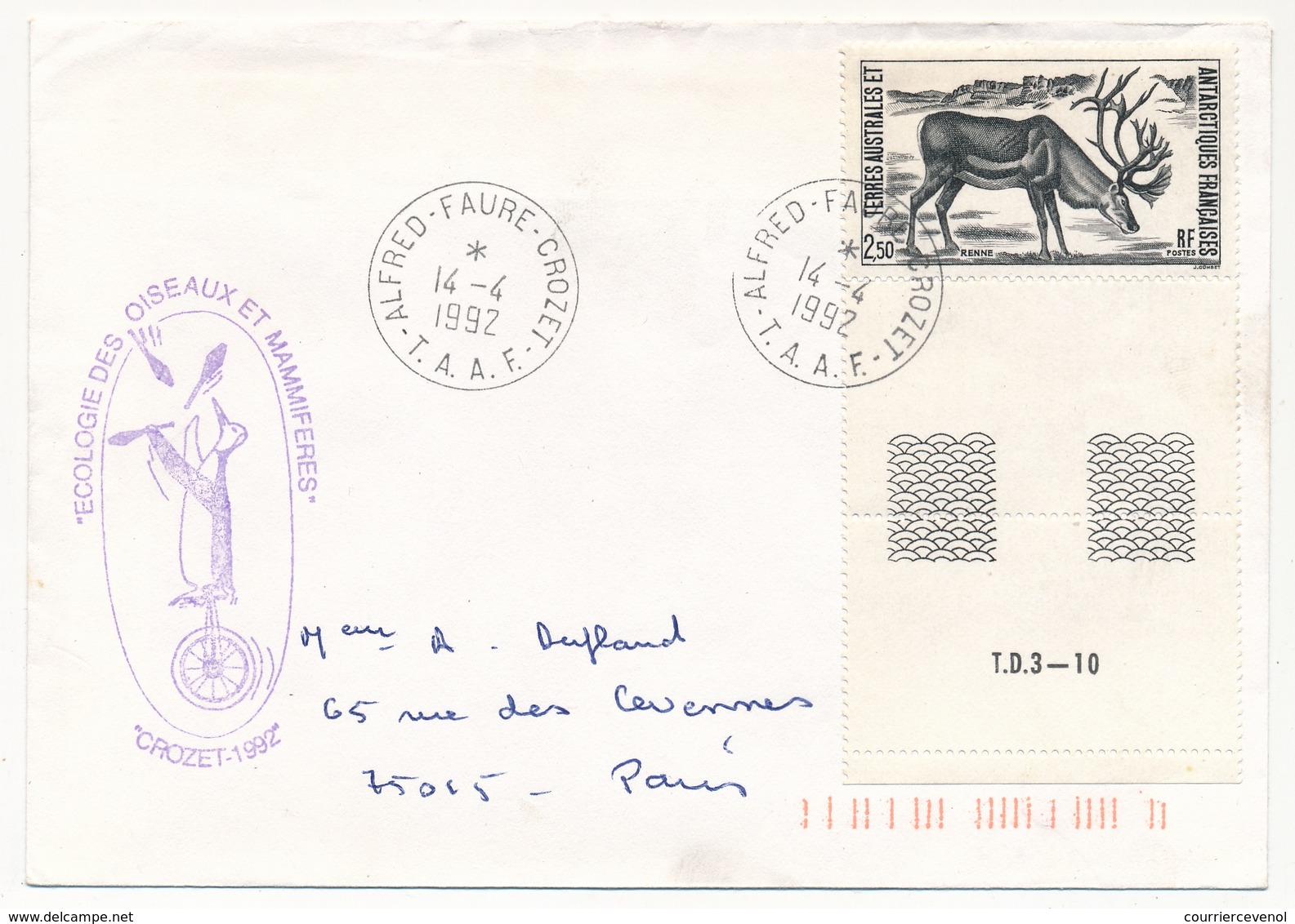 TAAF - Env. Aff 2,50 Renne - Obl Alfred Faure Crozet 14/4/1992 - Ecologie Des Oiseaux Et Mammifères - Cartas & Documentos